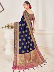 Stunning Navy Blue Banarasi Art Silk Woven Saree : Perfect for Weddings & Formal Events