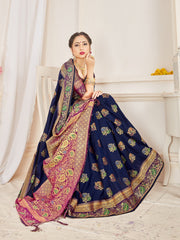 Stunning Navy Blue Banarasi Art Silk Woven Saree : Perfect for Weddings & Formal Events