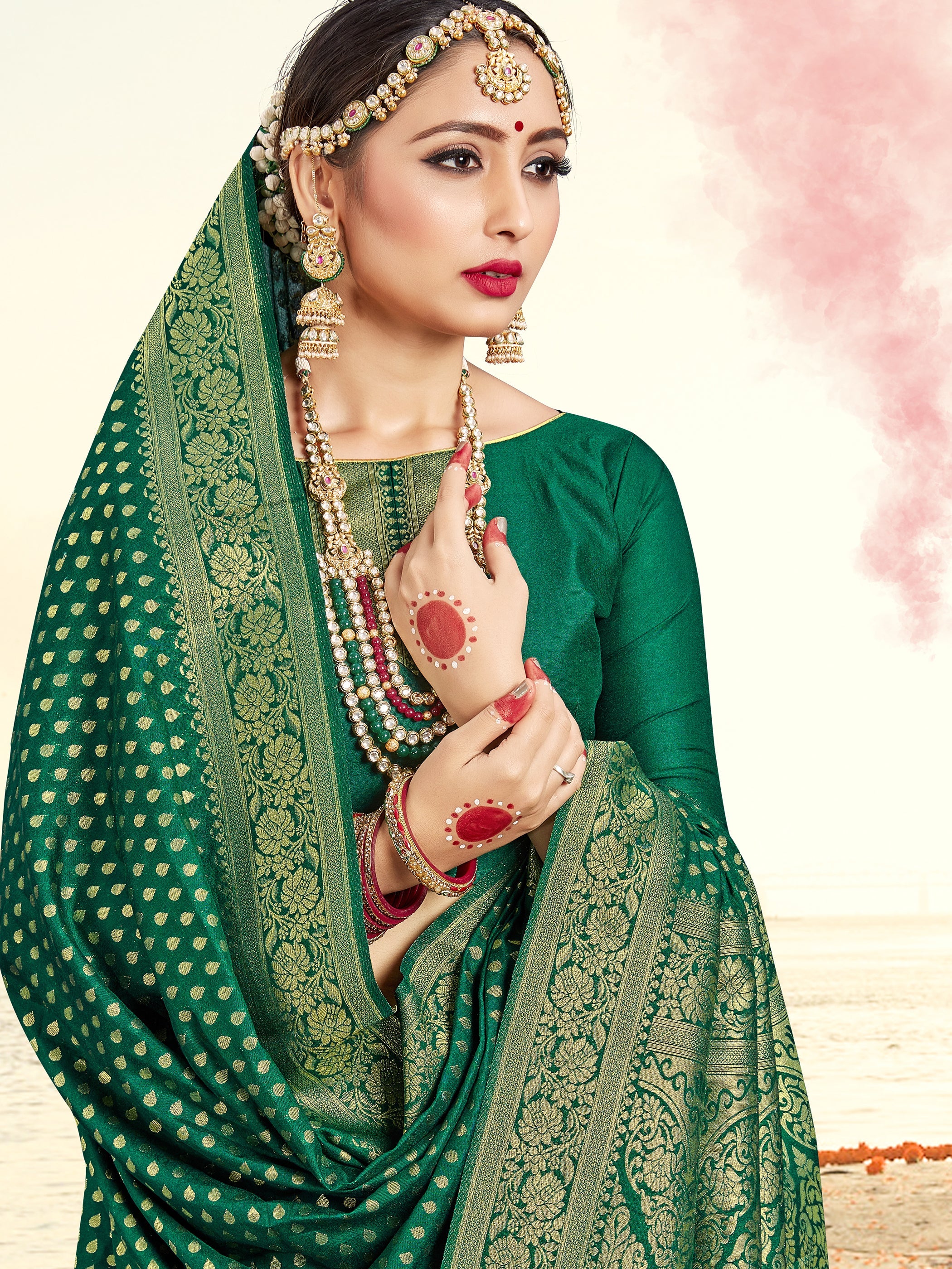 Beautiful Green Banarasi Art Silk Woven Saree : Perfect for Weddings & Formal Events