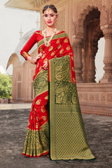 Beautiful Red Banarasi Art Silk Woven Saree : Perfect for Weddings & Formal Events