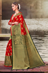 Beautiful Red Banarasi Art Silk Woven Saree : Perfect for Weddings & Formal Events