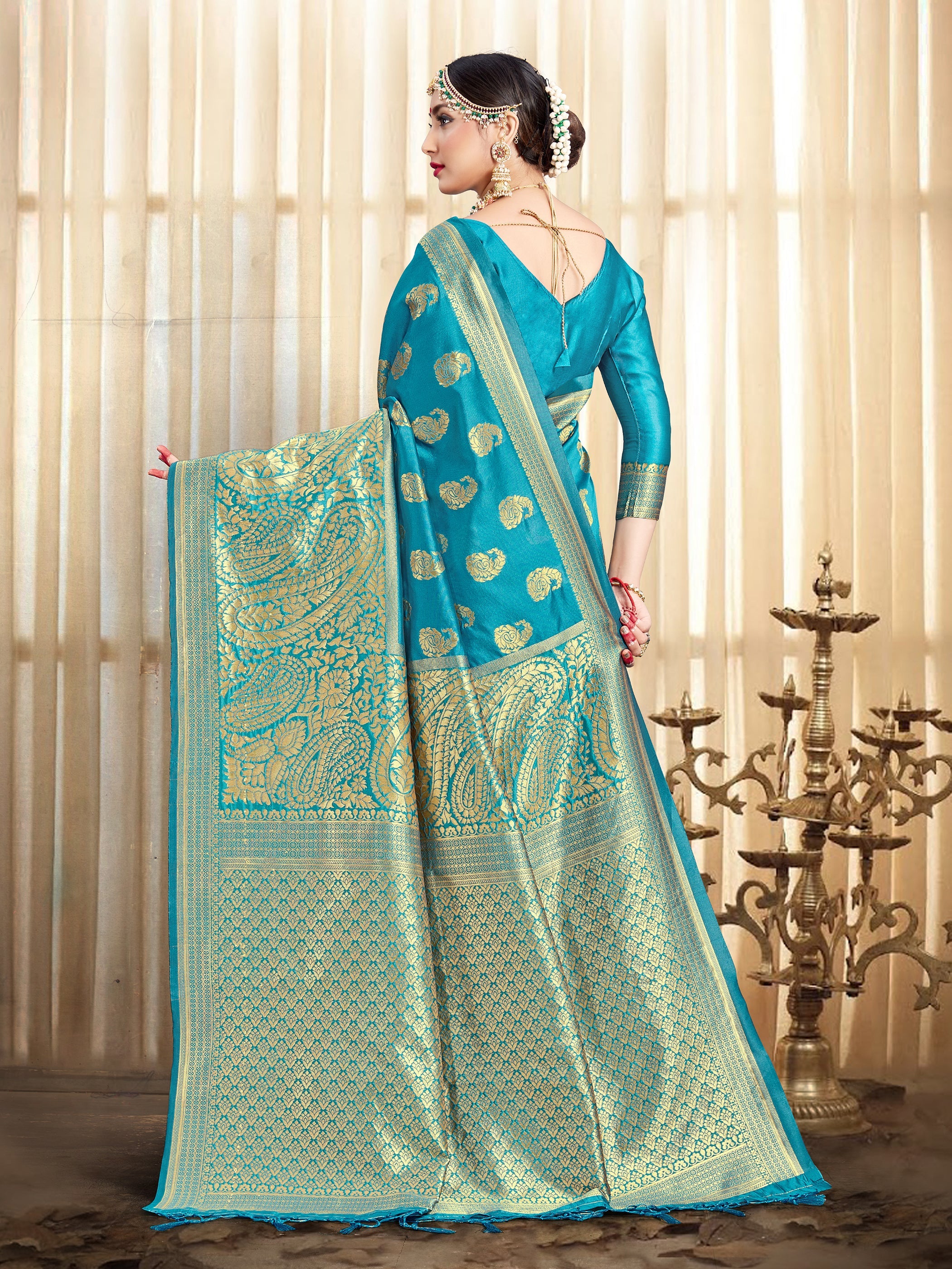 Stunning Turquoise Banarasi Art Silk Woven Saree : Perfect for Weddings & Formal Events