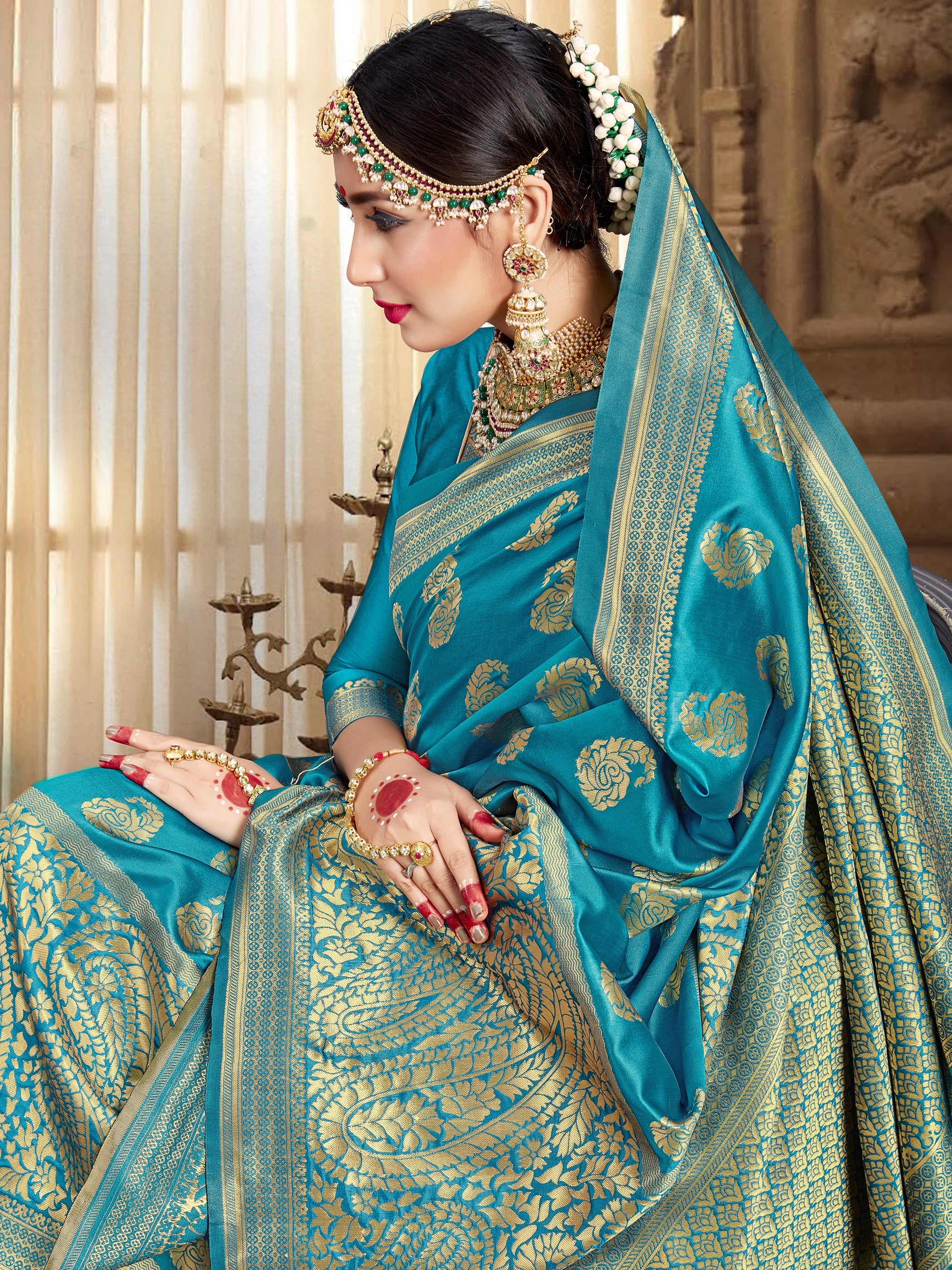 Stunning Turquoise Banarasi Art Silk Woven Saree : Perfect for Weddings & Formal Events