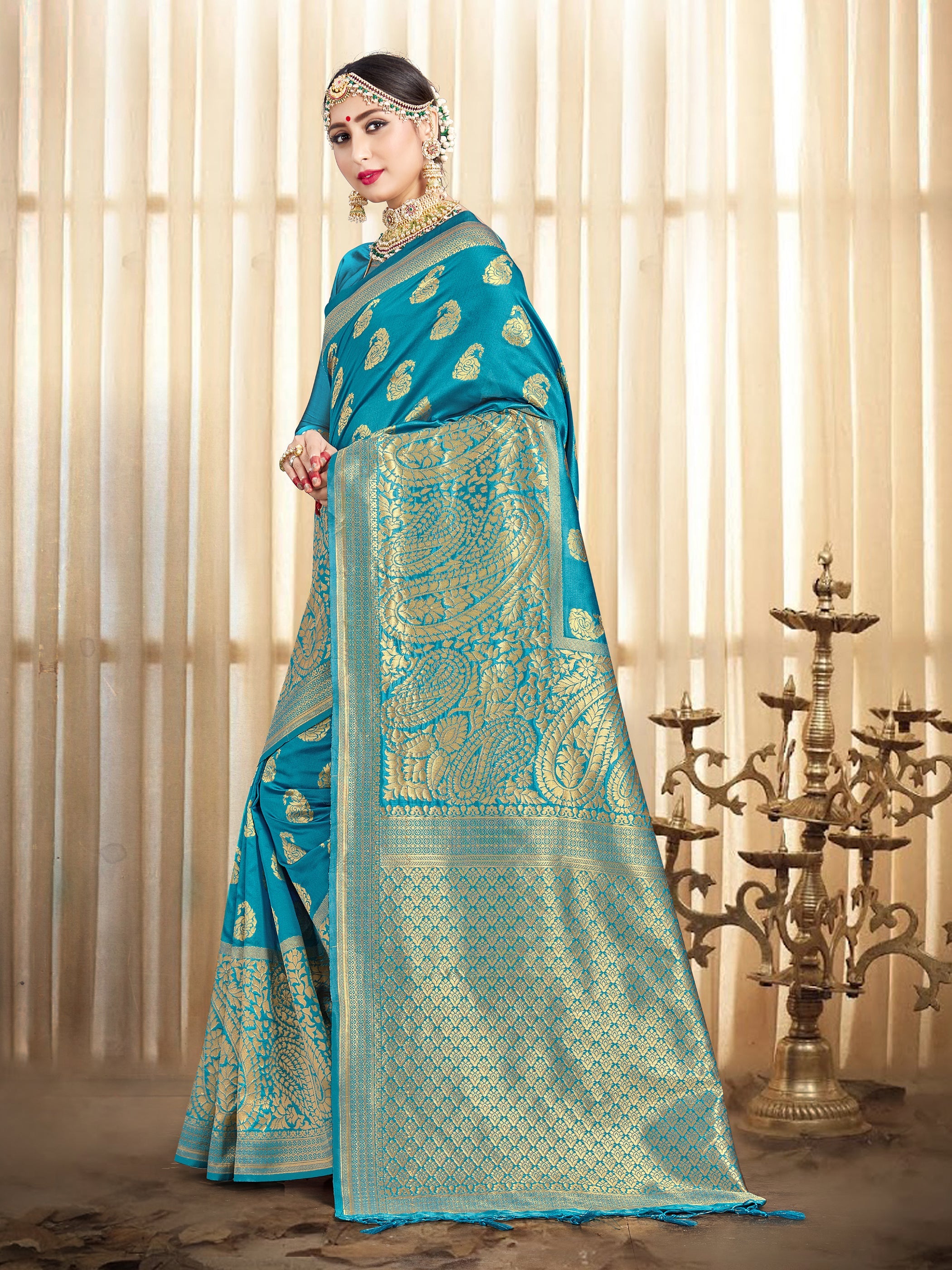 Stunning Turquoise Banarasi Art Silk Woven Saree : Perfect for Weddings & Formal Events