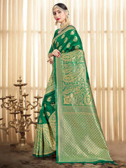 Beautiful Green Banarasi Art Silk Woven Saree : Perfect for Weddings & Formal Events