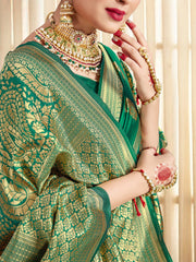 Beautiful Green Banarasi Art Silk Woven Saree : Perfect for Weddings & Formal Events