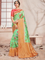 Stunning Green Banarasi Art Silk Digital Print with woven border Saree : Perfect for Weddings & Formal Events