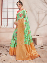 Stunning Green Banarasi Art Silk Digital Print with woven border Saree : Perfect for Weddings & Formal Events