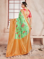 Stunning Green Banarasi Art Silk Digital Print with woven border Saree : Perfect for Weddings & Formal Events