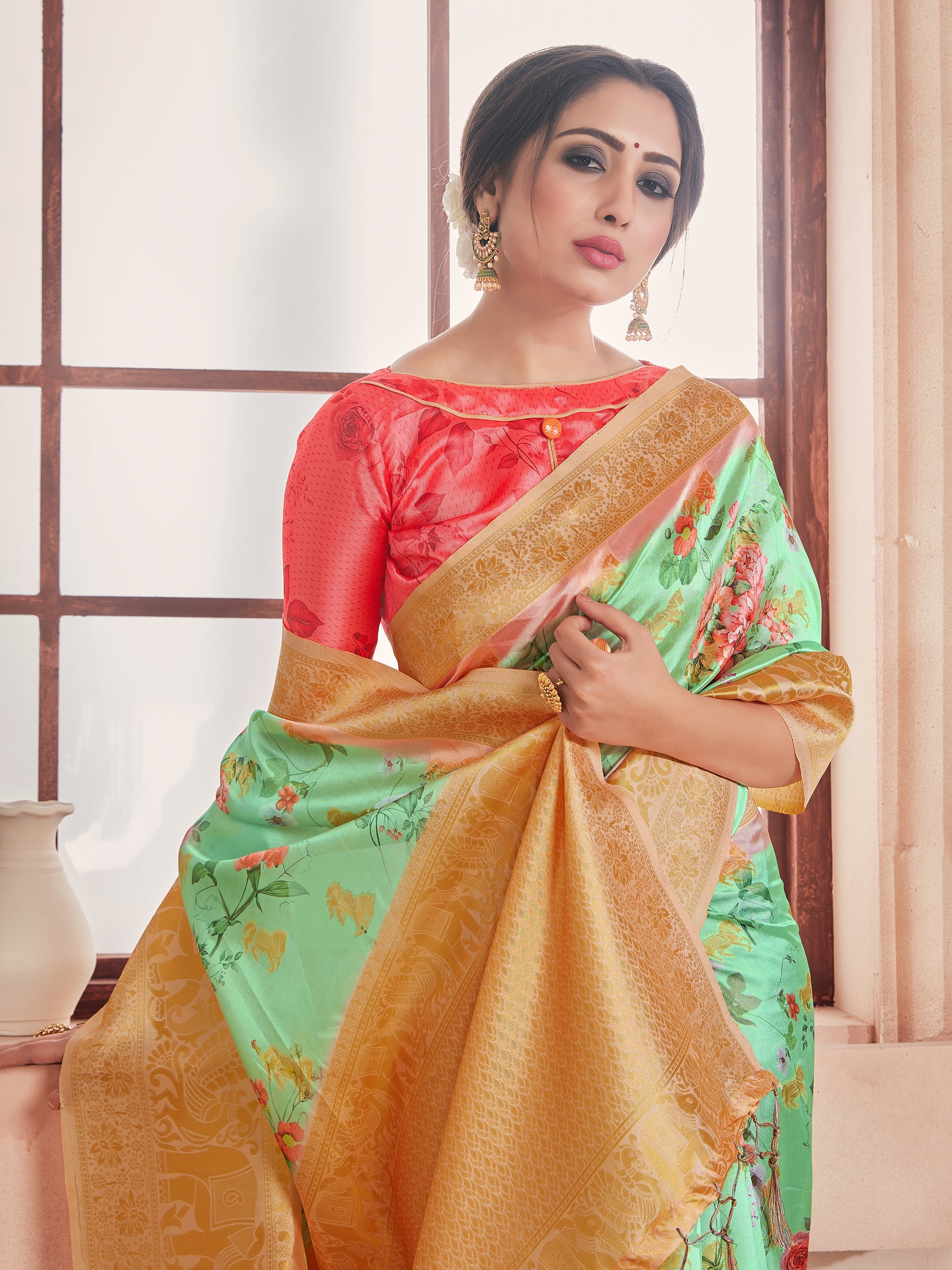 Stunning Green Banarasi Art Silk Digital Print with woven border Saree : Perfect for Weddings & Formal Events