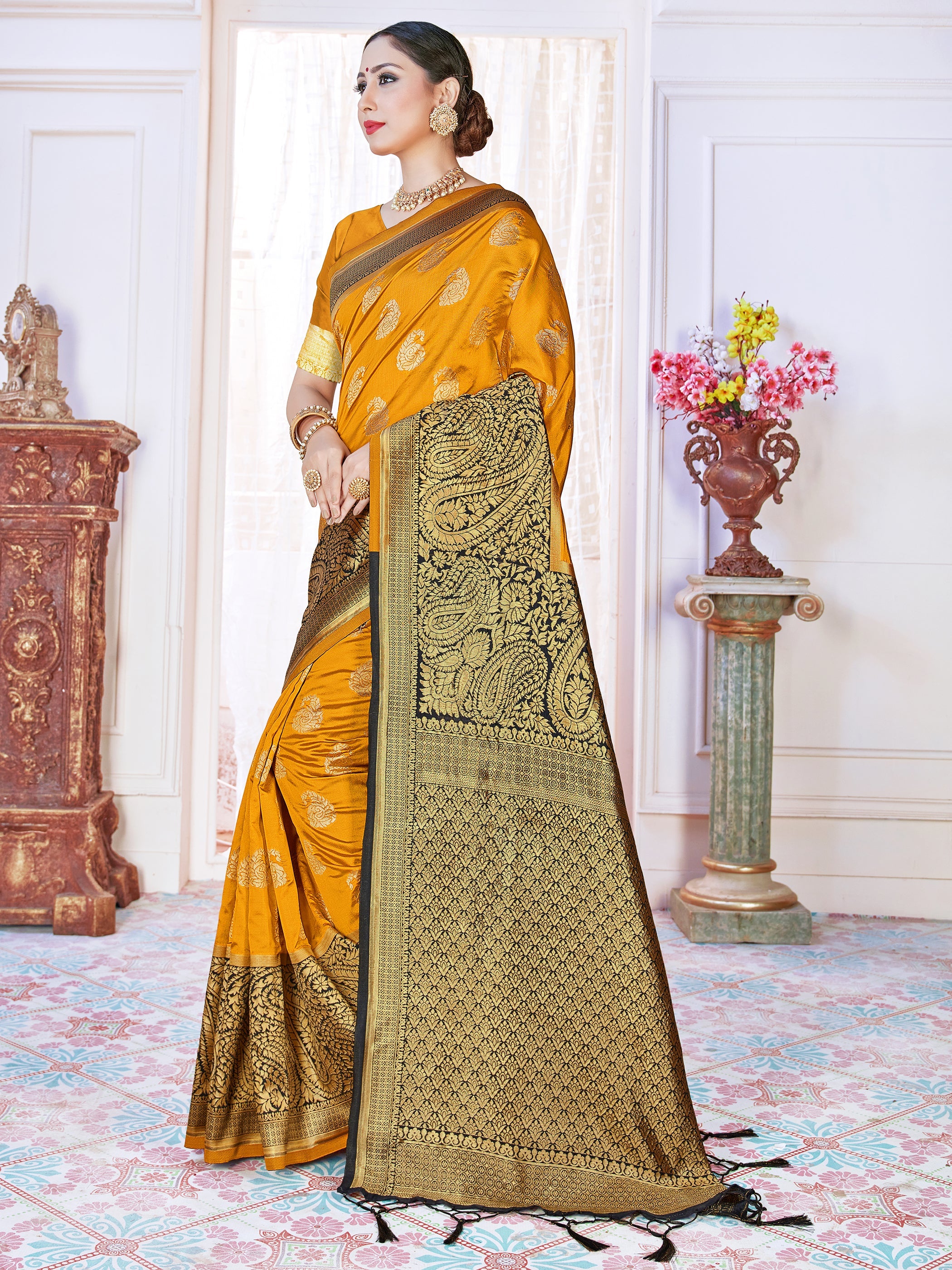 Elegant Mustard Banarasi Art Silk Woven Saree : Perfect for Weddings & Formal Events