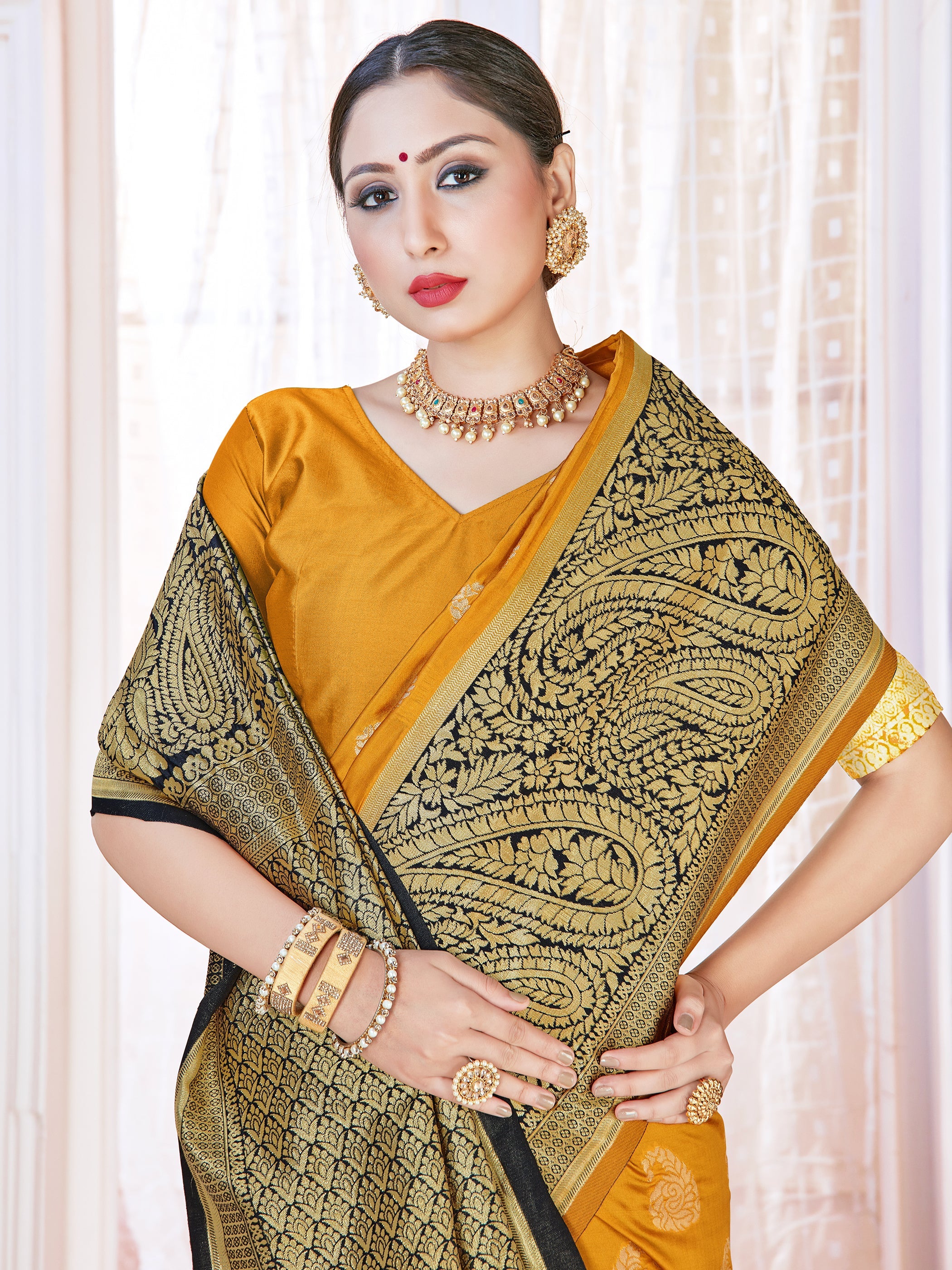 Elegant Mustard Banarasi Art Silk Woven Saree : Perfect for Weddings & Formal Events