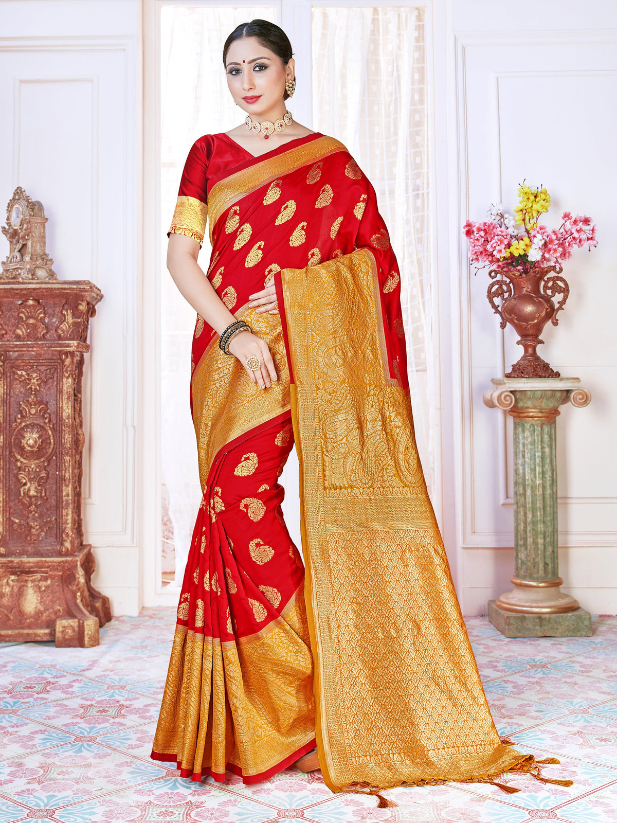 Elegant Red Banarasi Art Silk Woven Saree : Perfect for Weddings & Formal Events