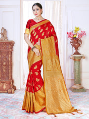 Elegant Red Banarasi Art Silk Woven Saree : Perfect for Weddings & Formal Events