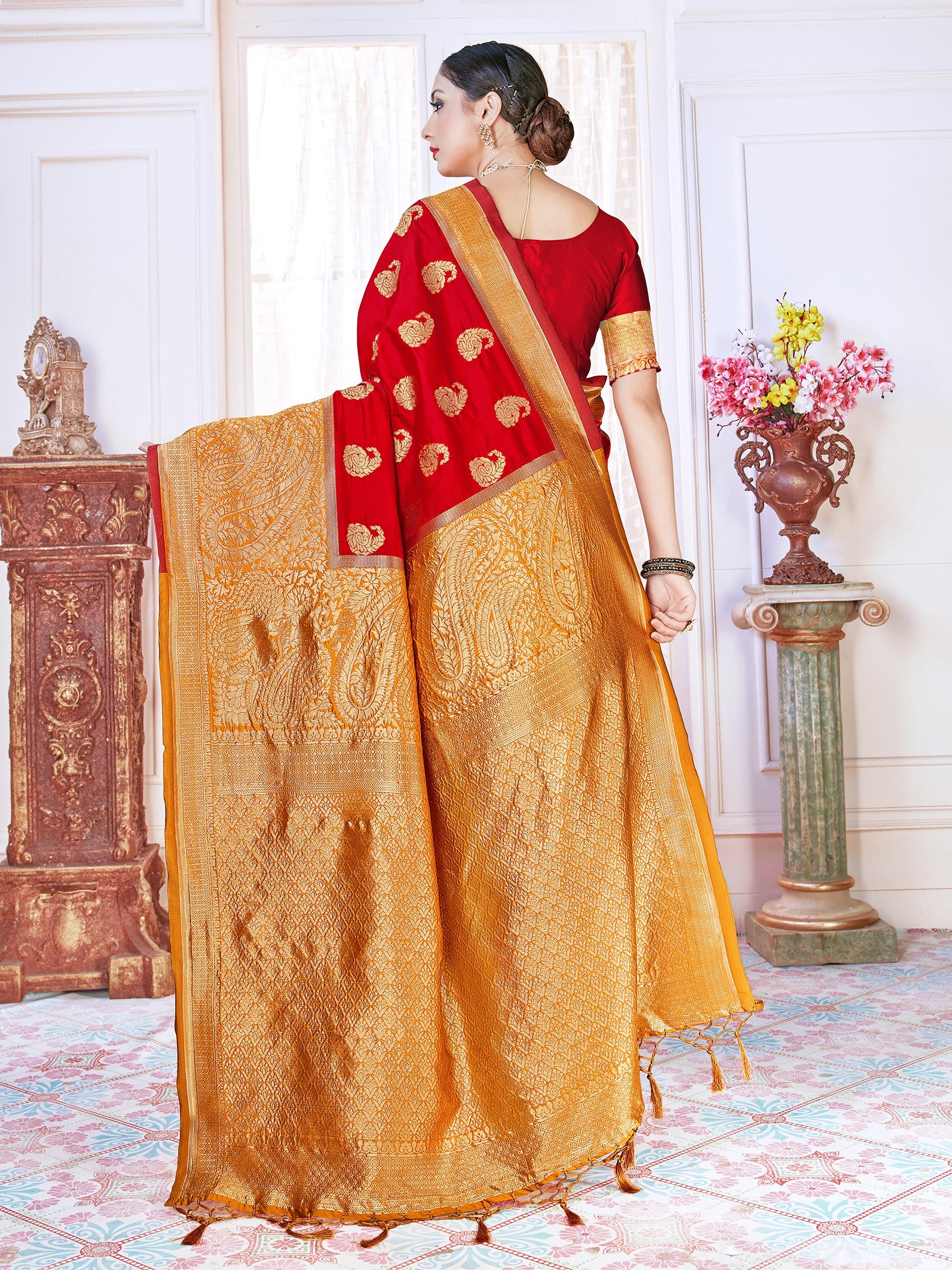 Elegant Red Banarasi Art Silk Woven Saree : Perfect for Weddings & Formal Events