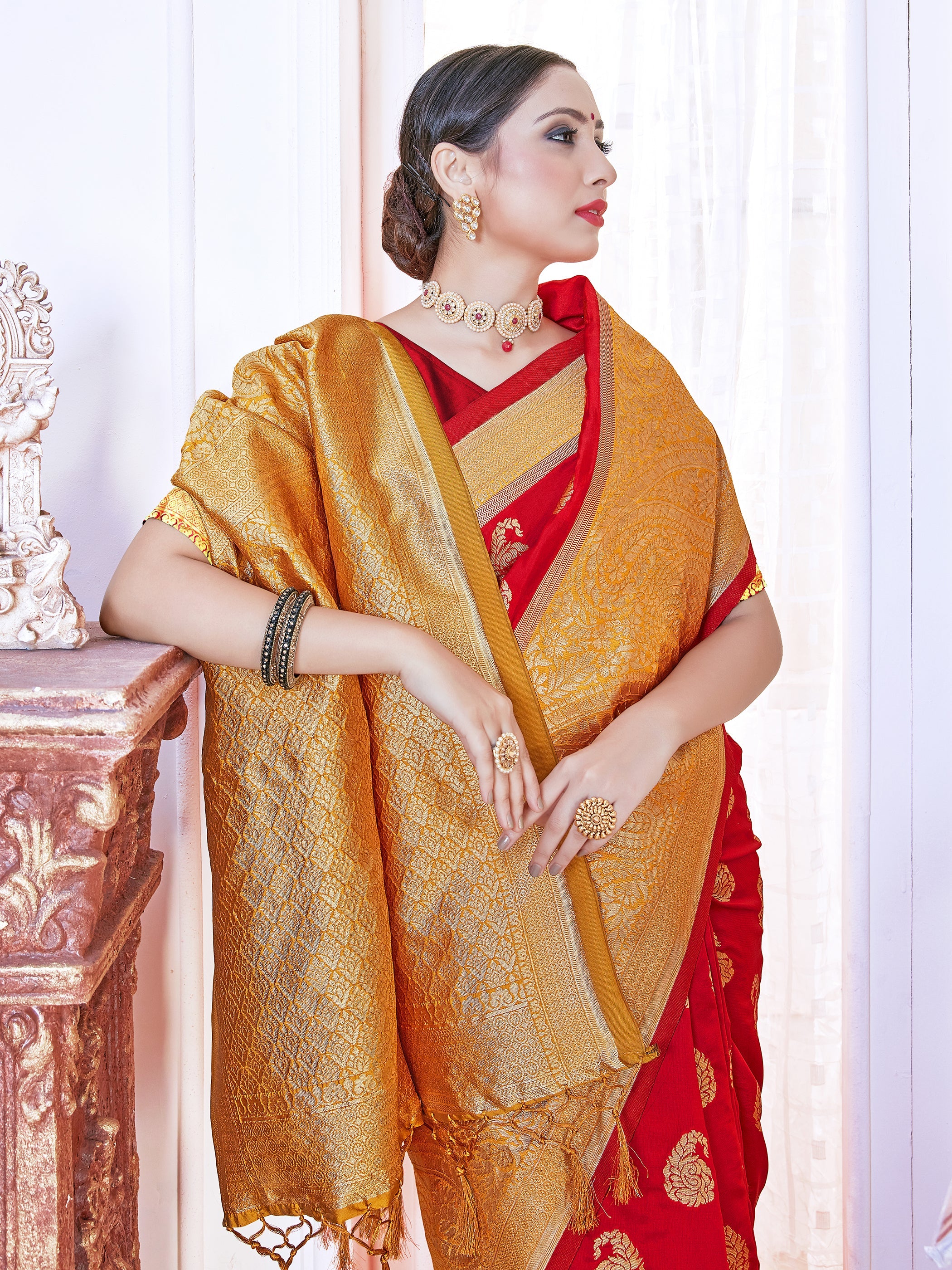 Elegant Red Banarasi Art Silk Woven Saree : Perfect for Weddings & Formal Events