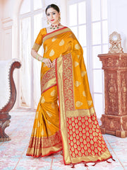 Elegant Mustard Banarasi Art Silk Woven Saree : Perfect for Weddings & Formal Events