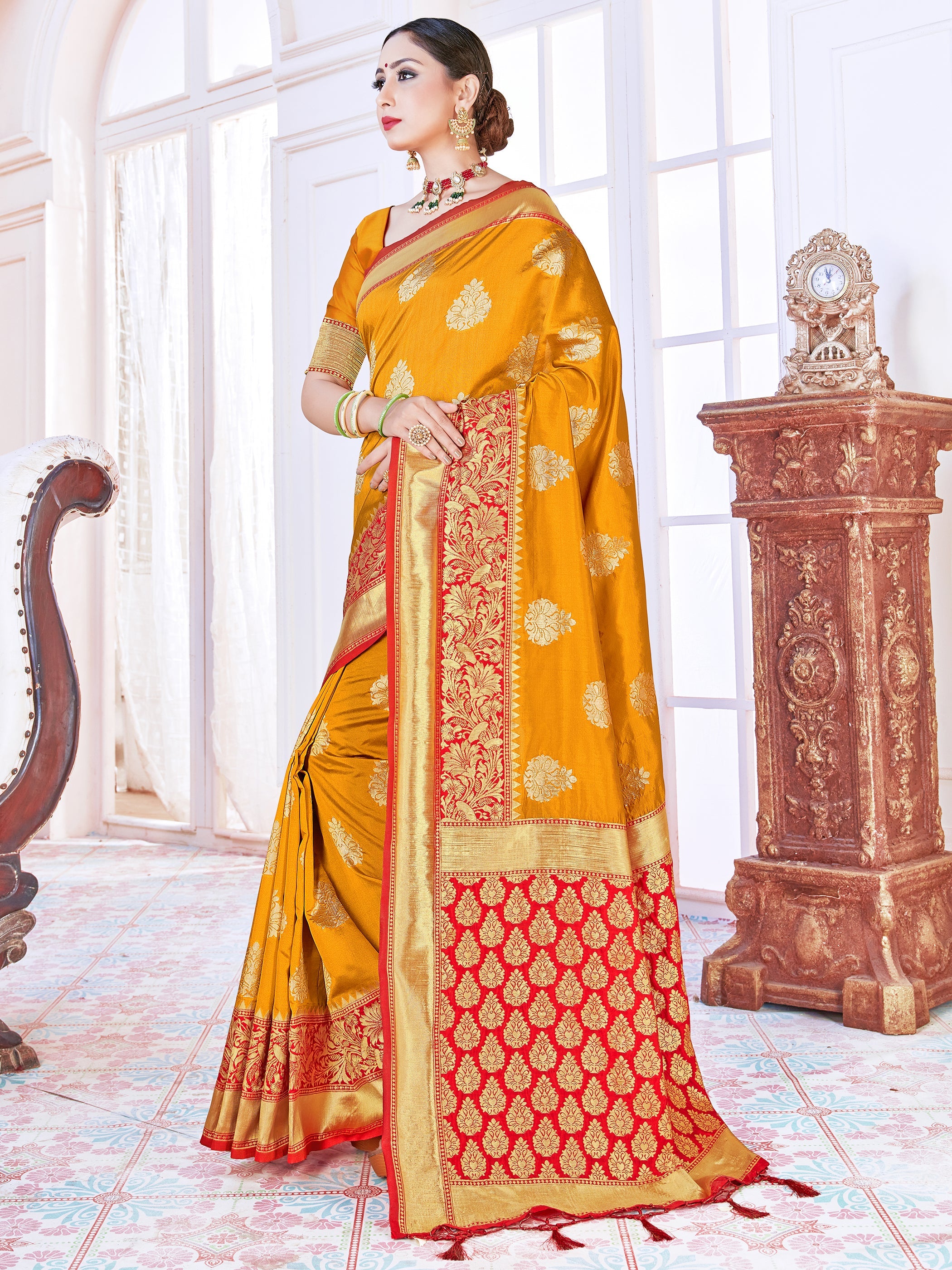 Elegant Mustard Banarasi Art Silk Woven Saree : Perfect for Weddings & Formal Events