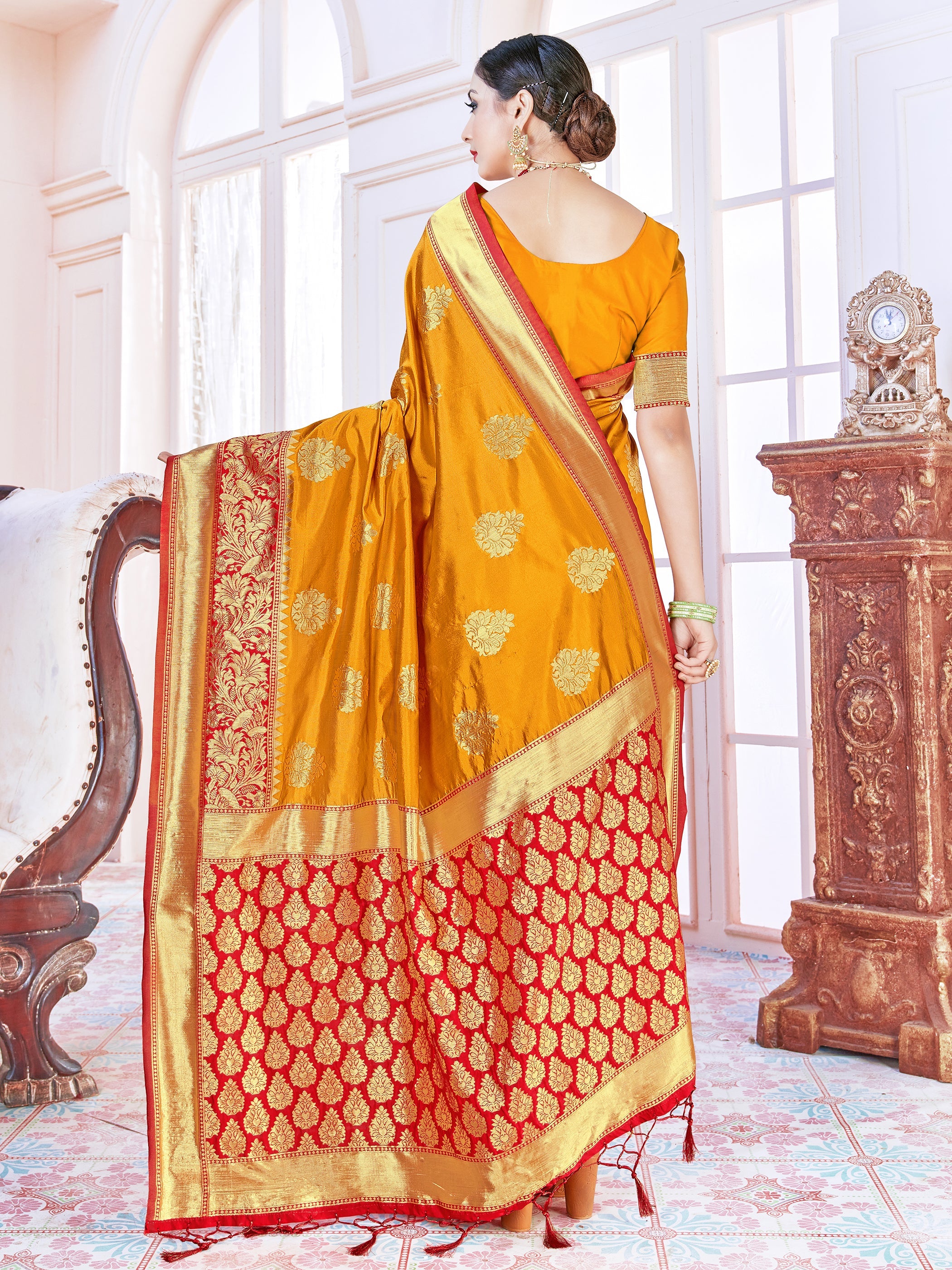 Elegant Mustard Banarasi Art Silk Woven Saree : Perfect for Weddings & Formal Events