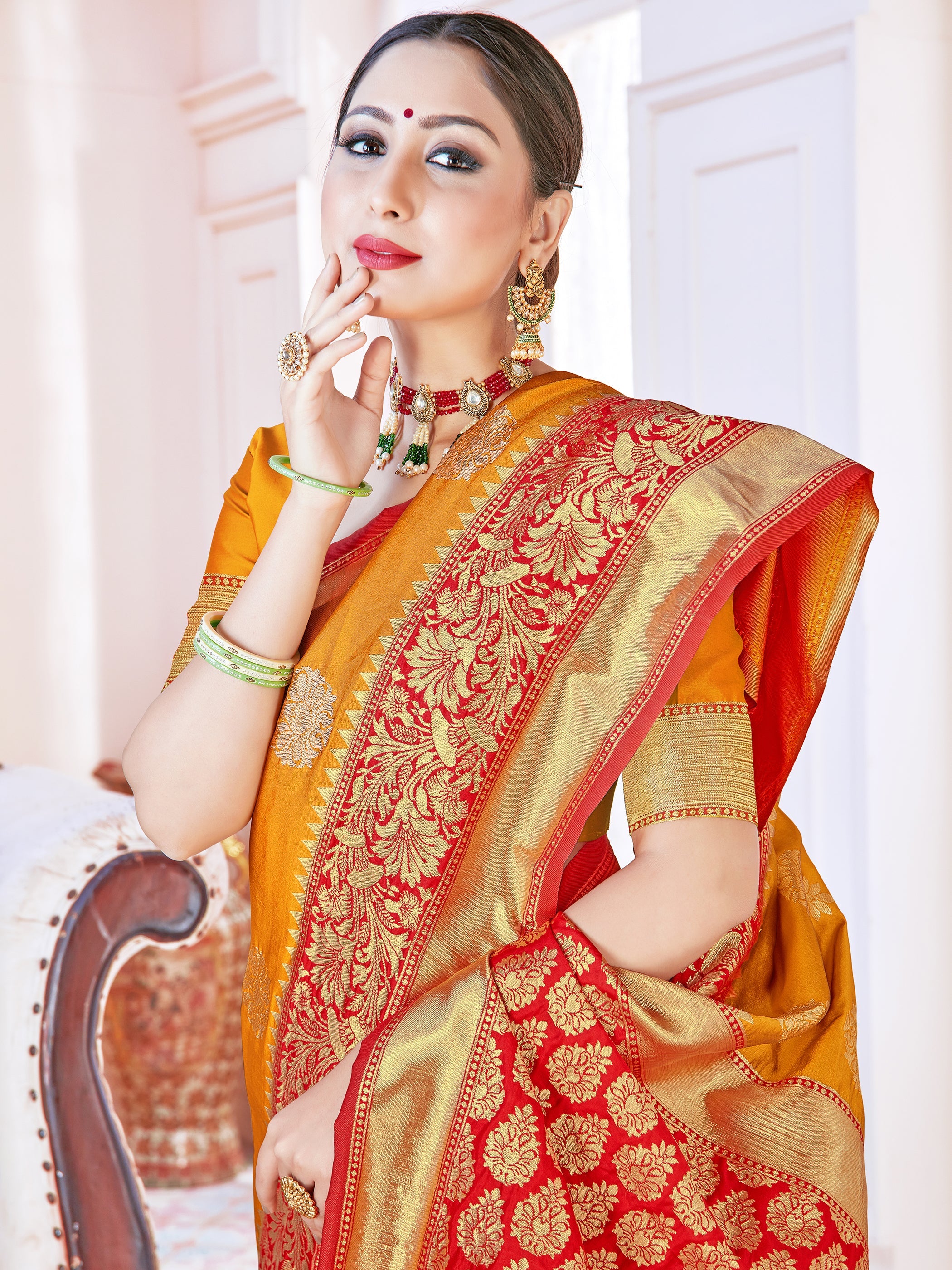 Elegant Mustard Banarasi Art Silk Woven Saree : Perfect for Weddings & Formal Events