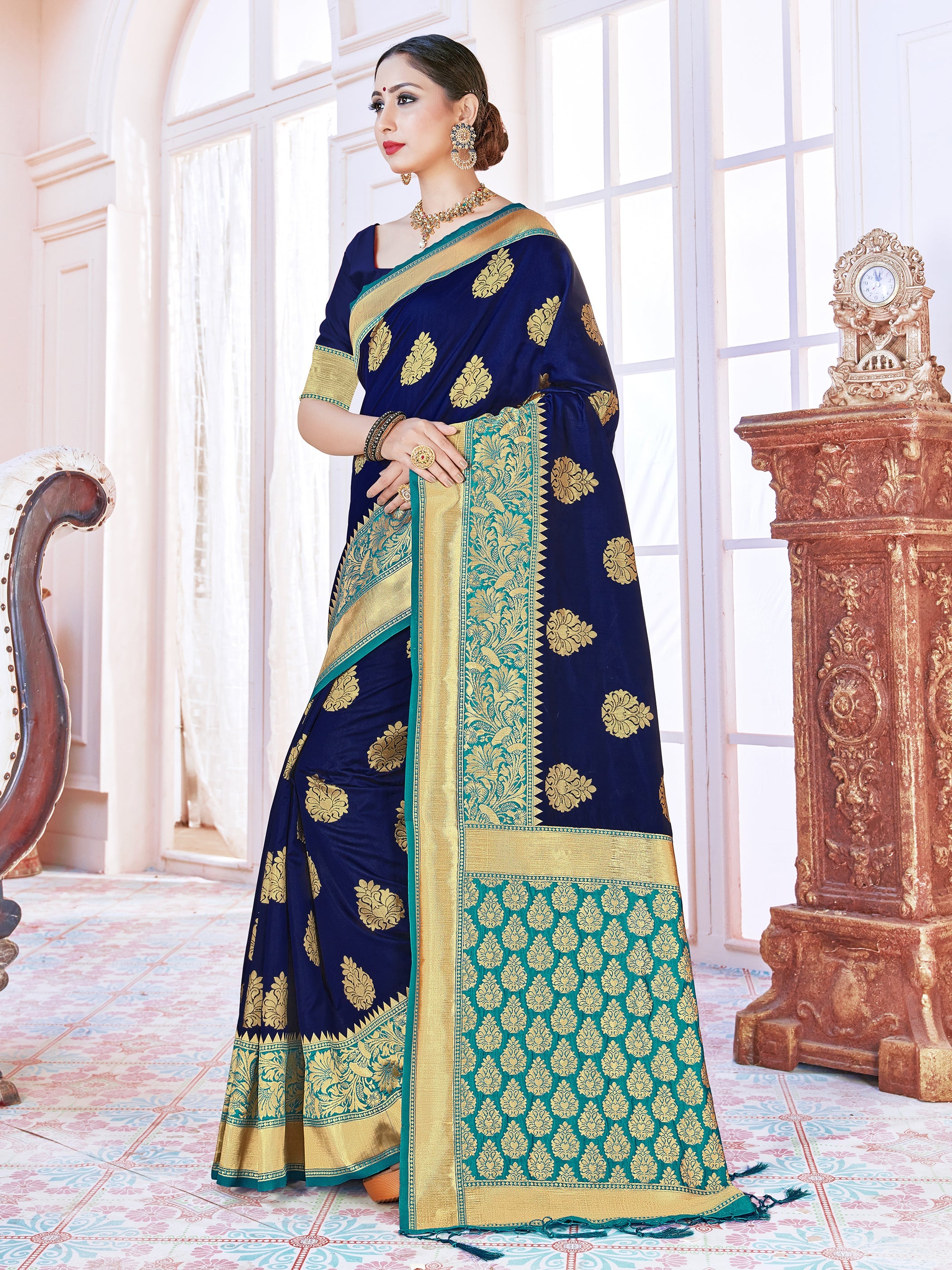 Stunning Navy Blue Banarasi Art Silk Woven Saree : Perfect for Weddings & Formal Events