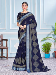 Stunning Navy Blue Cotton Silk Printed Saree : Perfect for Weddings & Formal Events