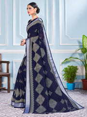 Stunning Navy Blue Cotton Silk Printed Saree : Perfect for Weddings & Formal Events