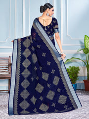 Stunning Navy Blue Cotton Silk Printed Saree : Perfect for Weddings & Formal Events