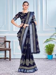 Stunning Navy Blue Cotton Silk Printed Saree : Perfect for Weddings & Formal Events