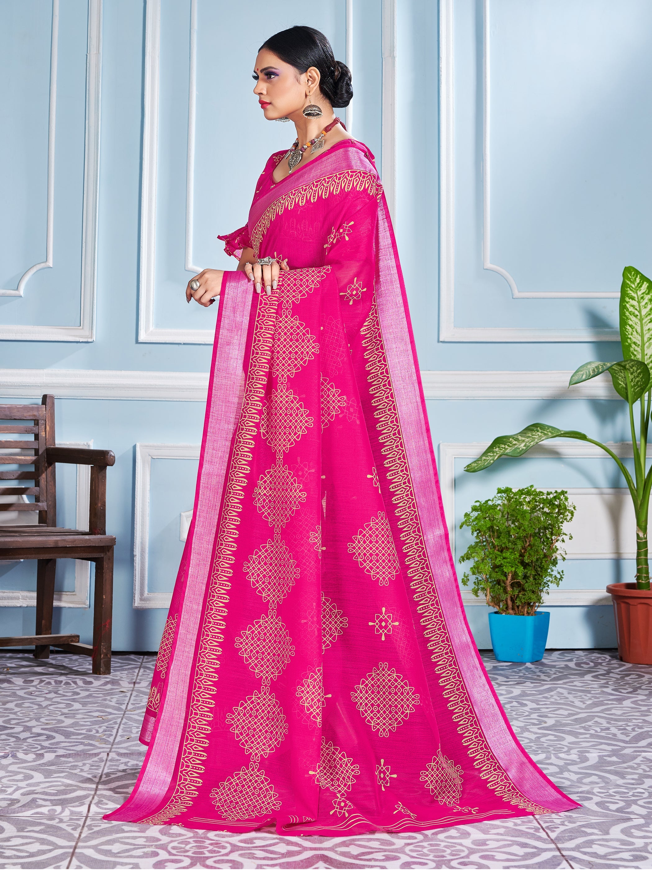 Beautiful Pink Cotton Silk Printed Saree : Perfect for Weddings & Formal Events