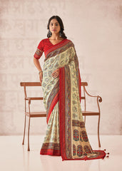 Off White Cotton Silk Foil Print Saree-3312