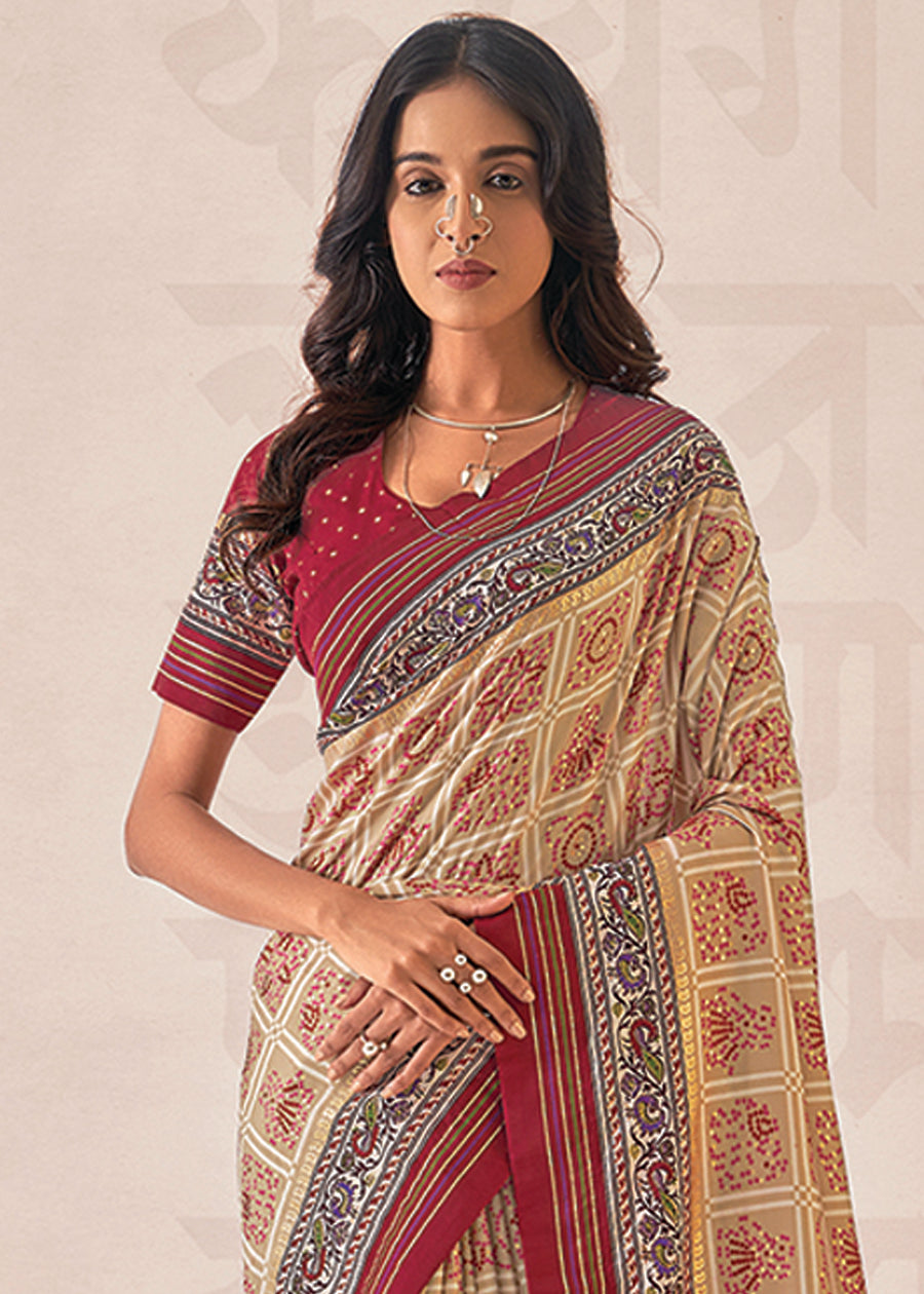 Cream Cotton Silk Foil Print Saree-3313