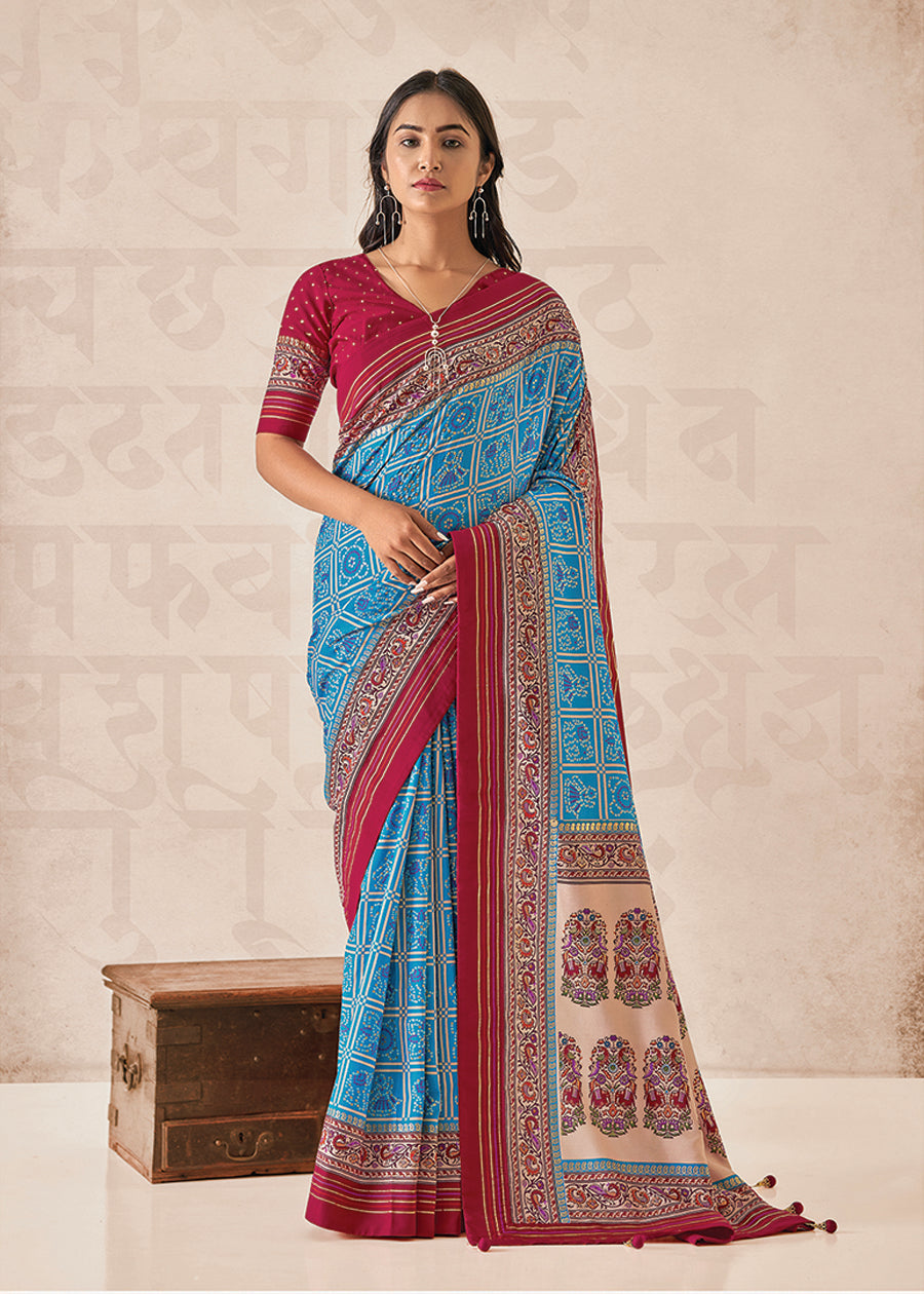 Cyan  Cotton Silk Foil Print Saree-3317