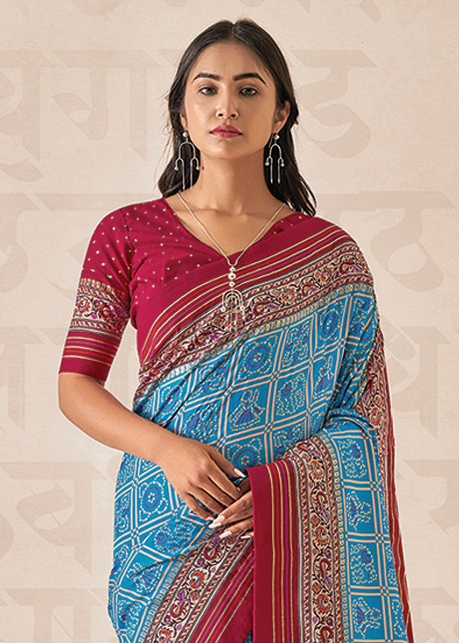 Cyan  Cotton Silk Foil Print Saree-3317