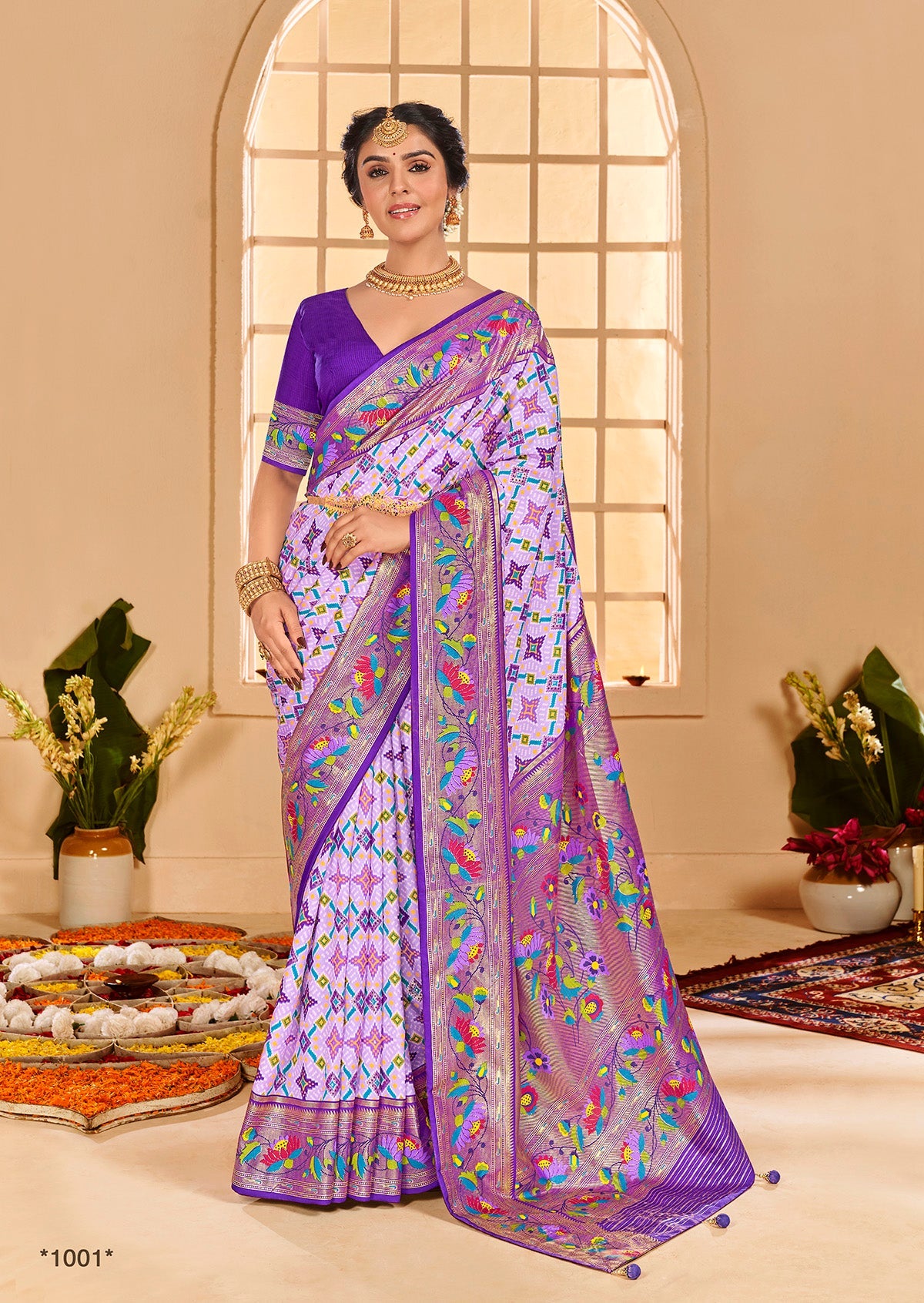 Lavender Cotton Silk Ikkat Print Saree-3839