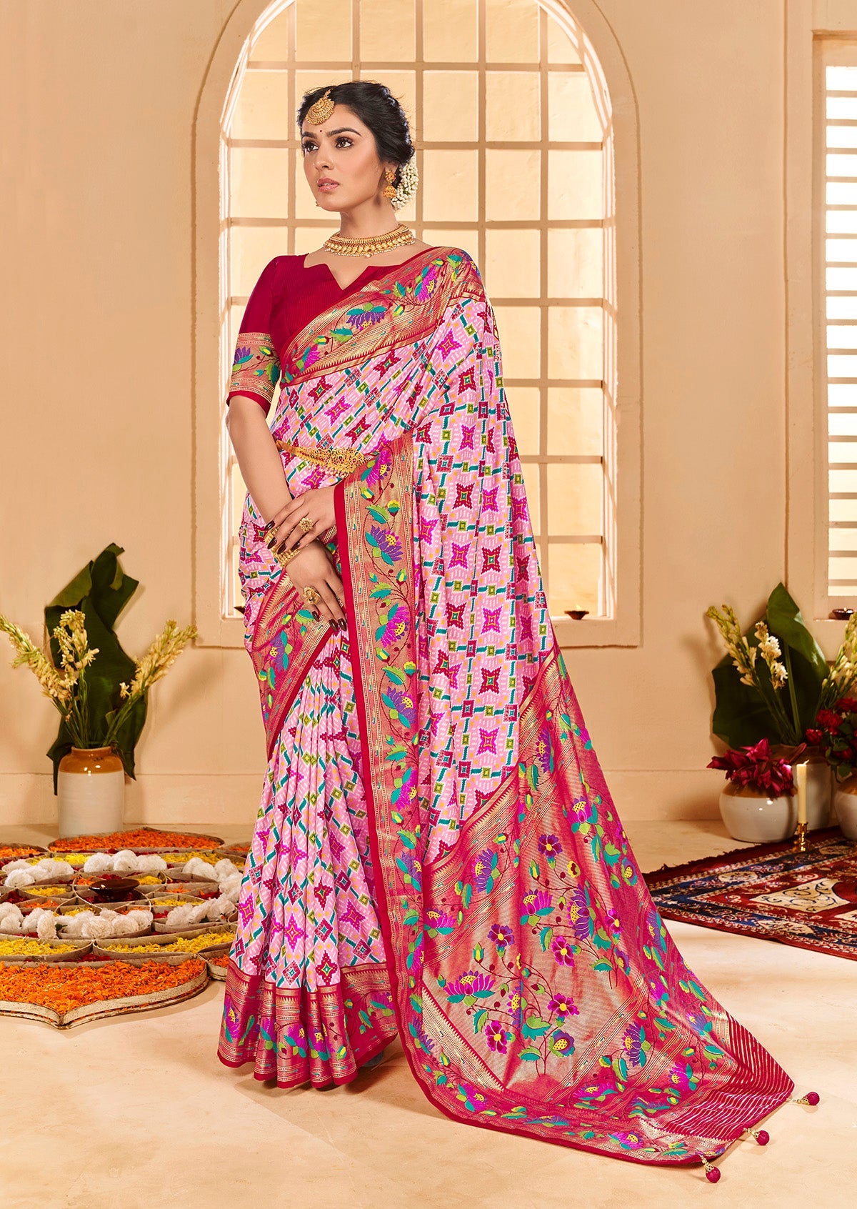 Baby Pink Cotton Silk Ikkat Print Saree-3841