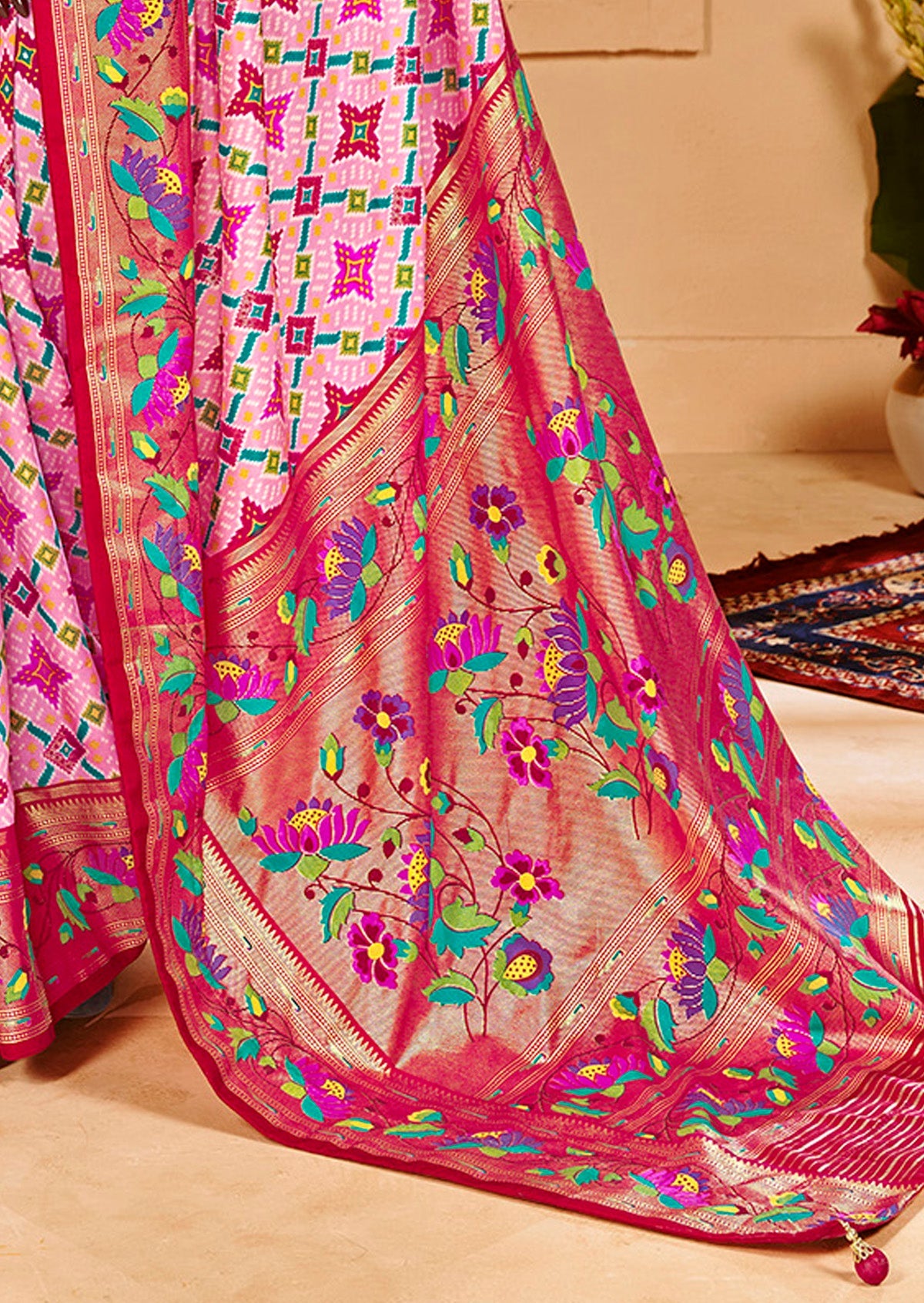 Baby Pink Cotton Silk Ikkat Print Saree-3841