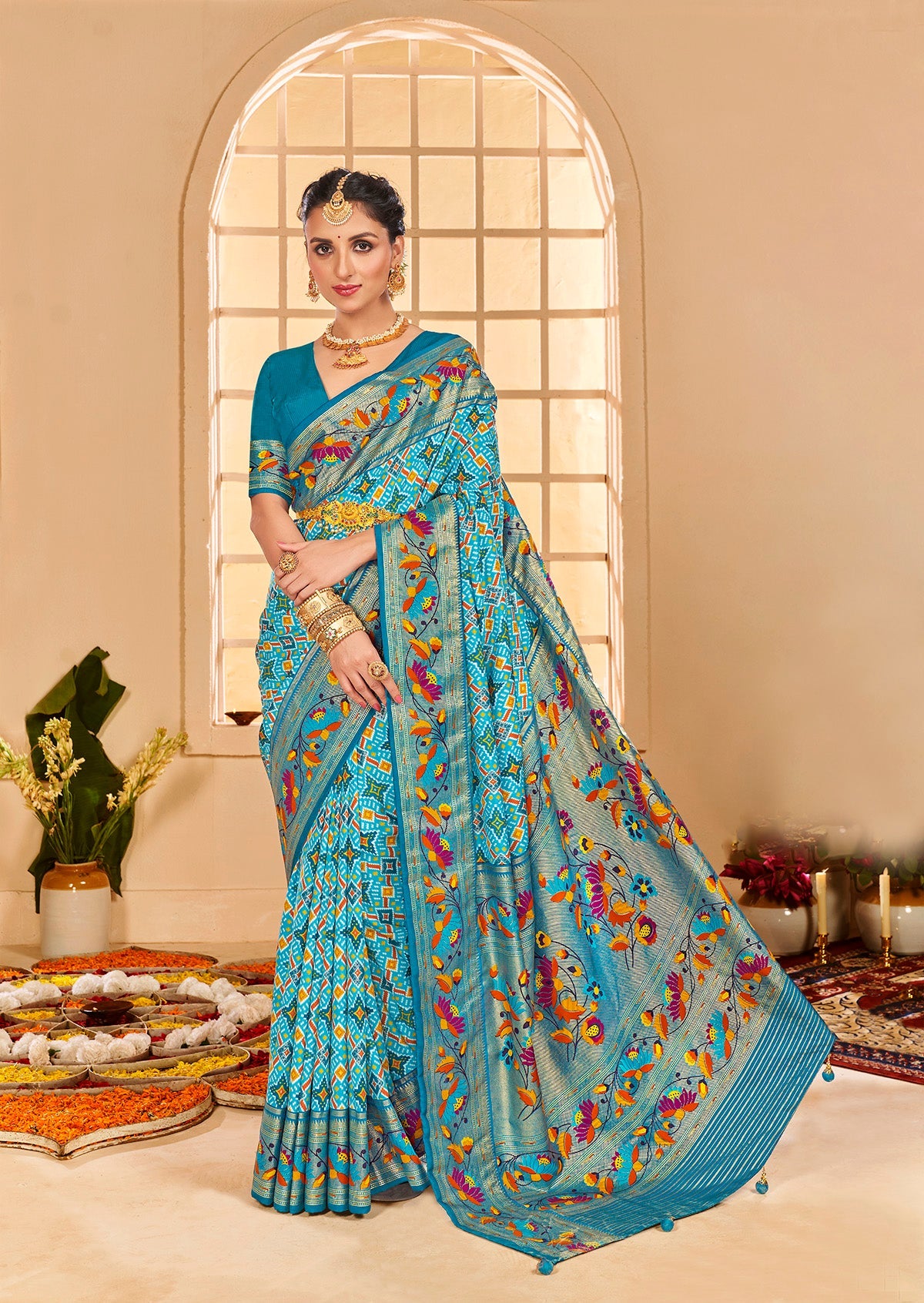 Turqoise Blue Cotton Silk Ikkat Print Saree-3846