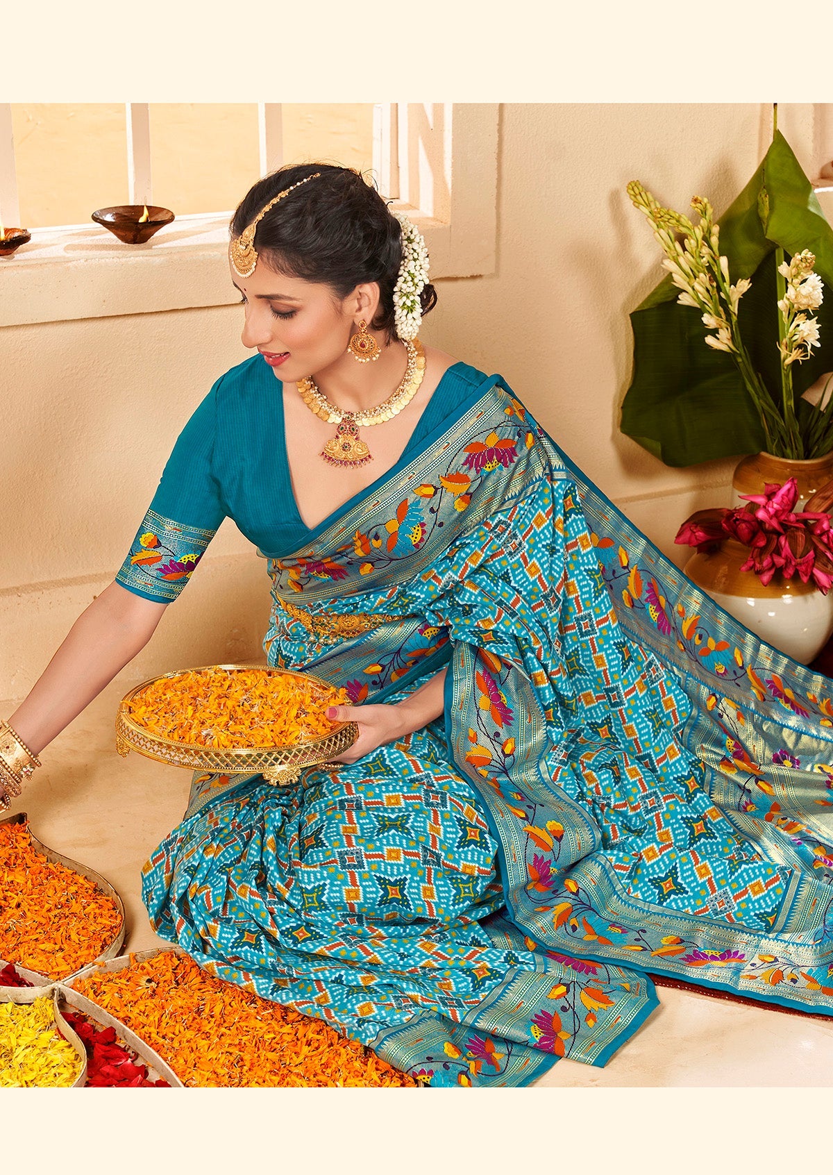 Turqoise Blue Cotton Silk Ikkat Print Saree-3846