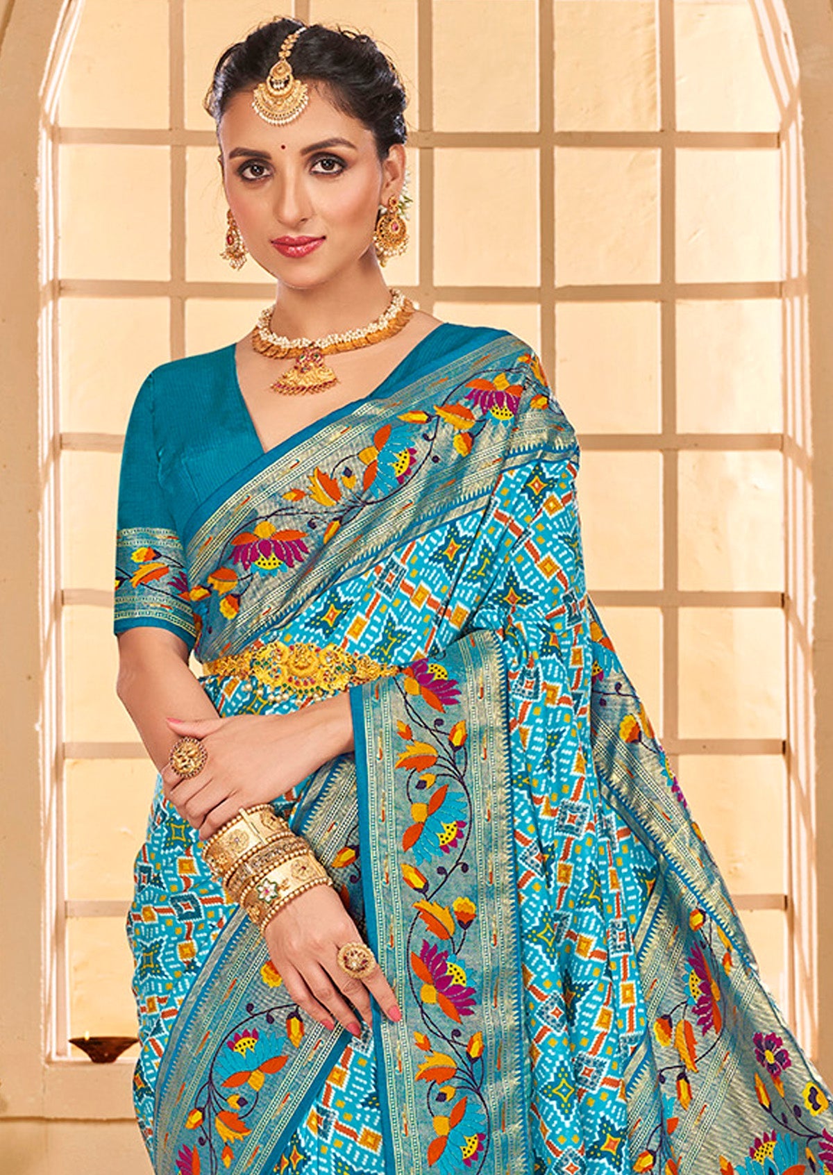 Turqoise Blue Cotton Silk Ikkat Print Saree-3846