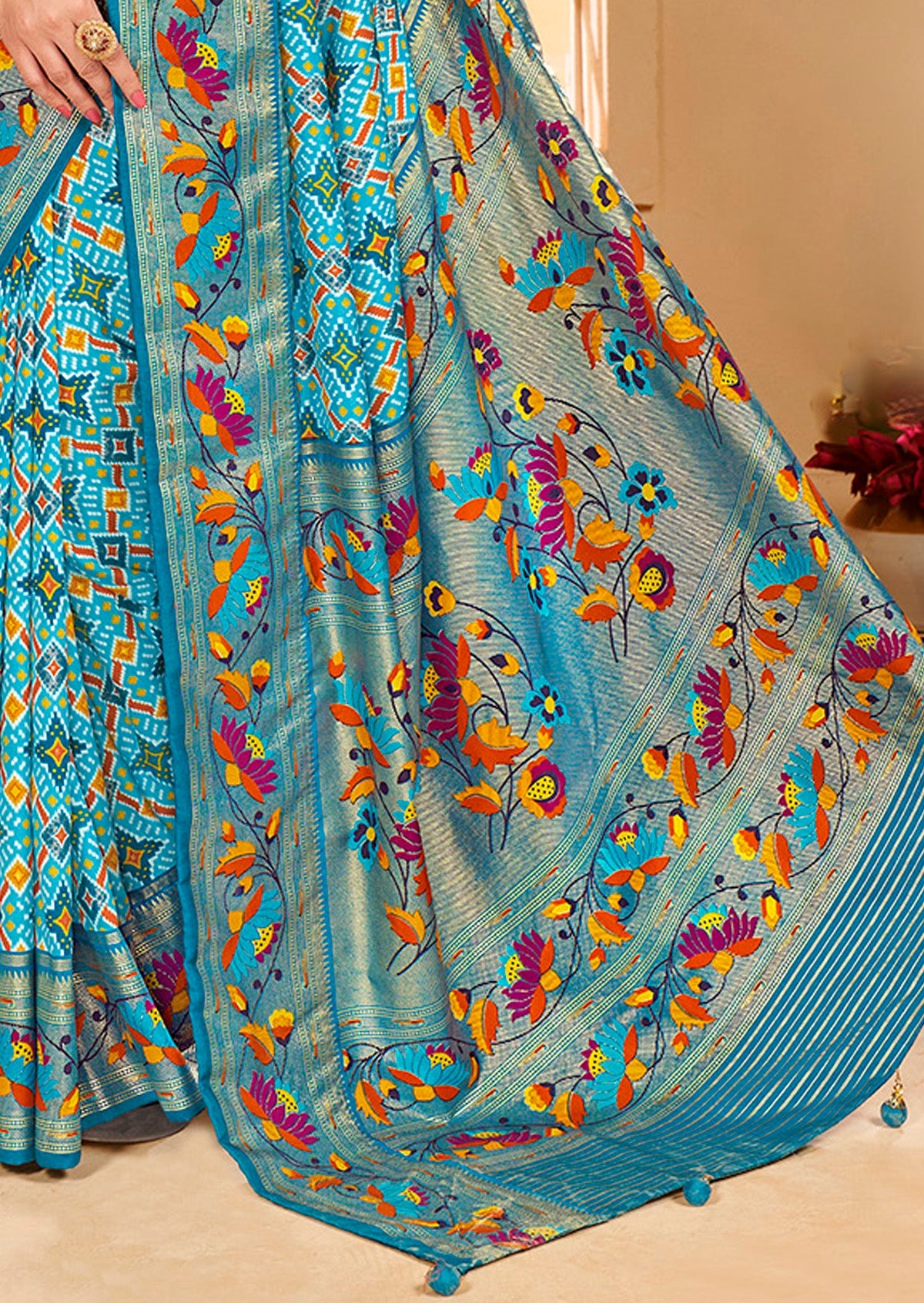 Turqoise Blue Cotton Silk Ikkat Print Saree-3846