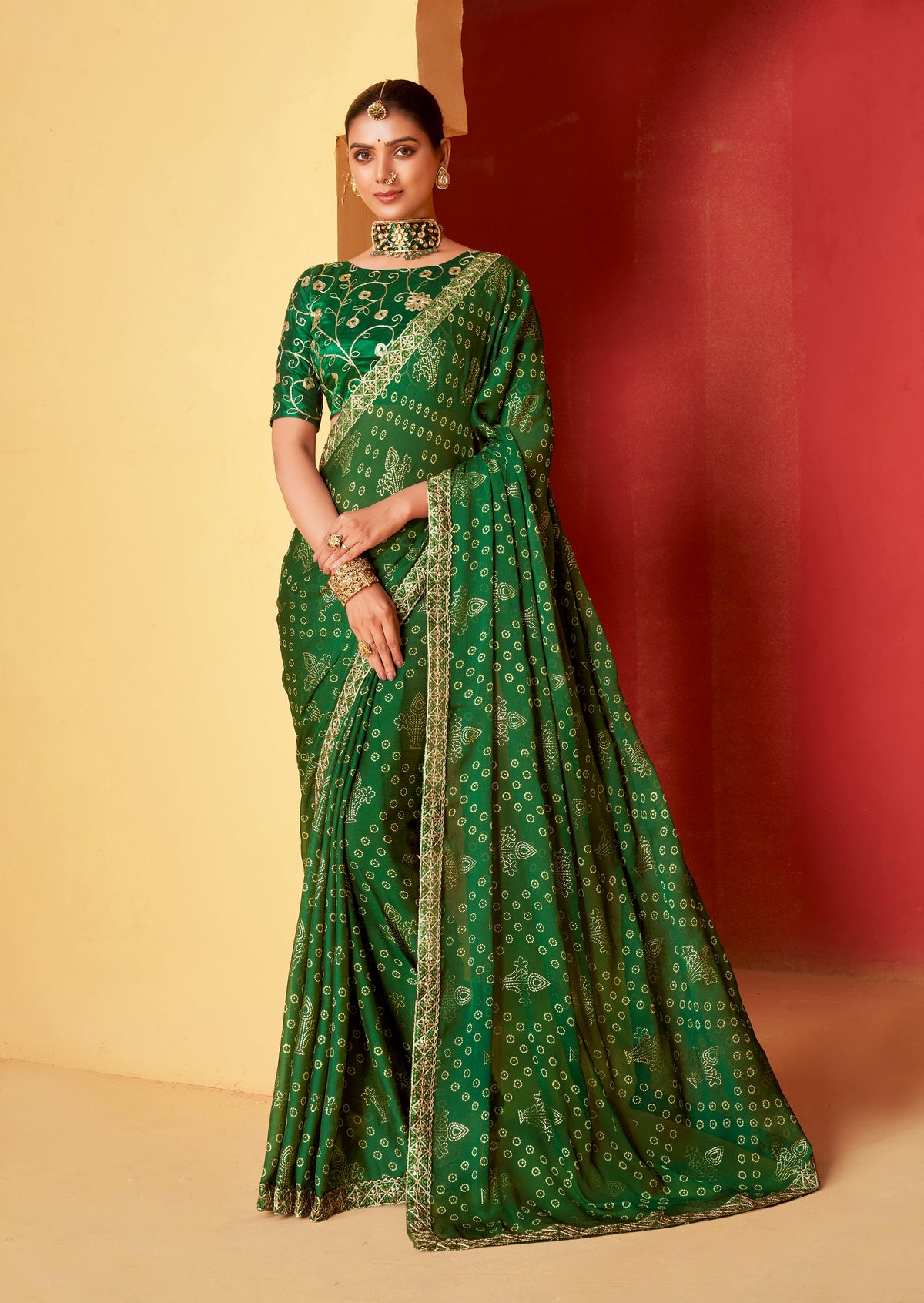 Shop Elegant Green Chiffon Foil Print Saree - Perfect for Festive Occasions