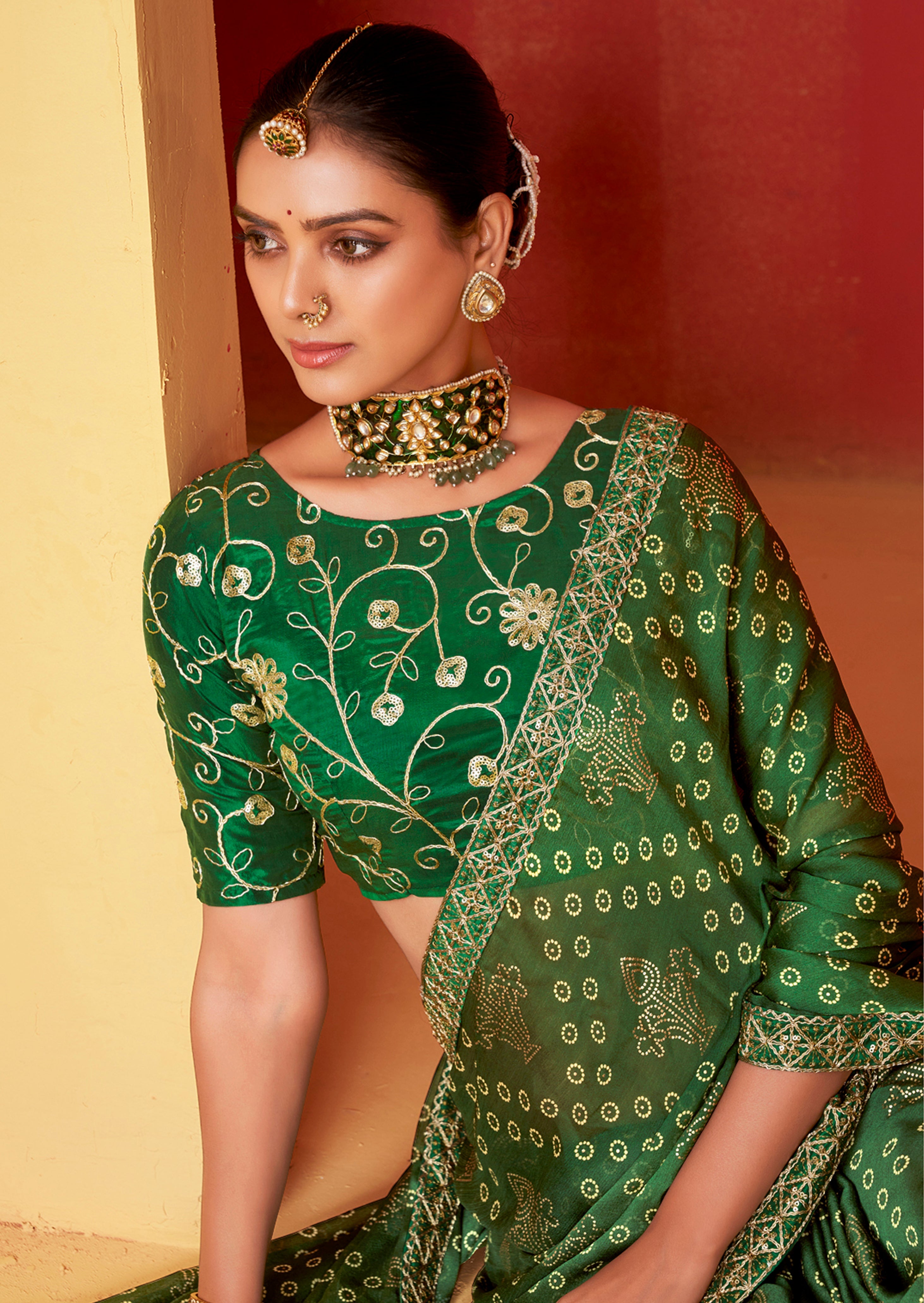 Shop Elegant Green Chiffon Foil Print Saree - Perfect for Festive Occasions