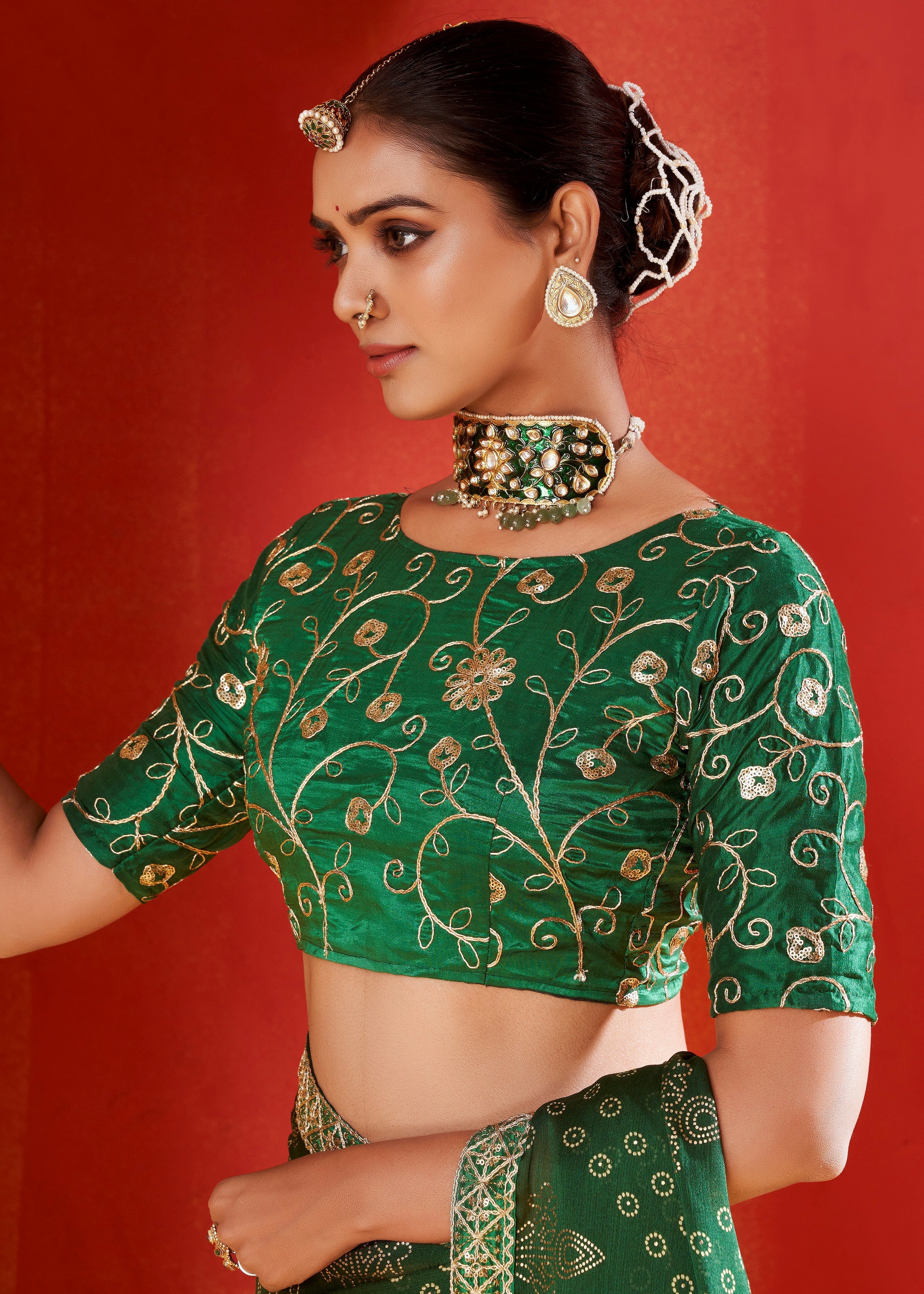 Shop Elegant Green Chiffon Foil Print Saree - Perfect for Festive Occasions