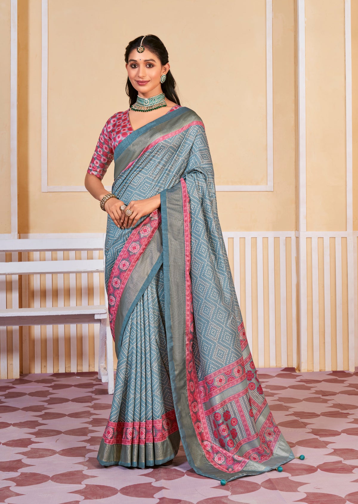 Shop Exquisite Blue Tussar Silk Bandhani Print Saree for Elegant Festive Wear