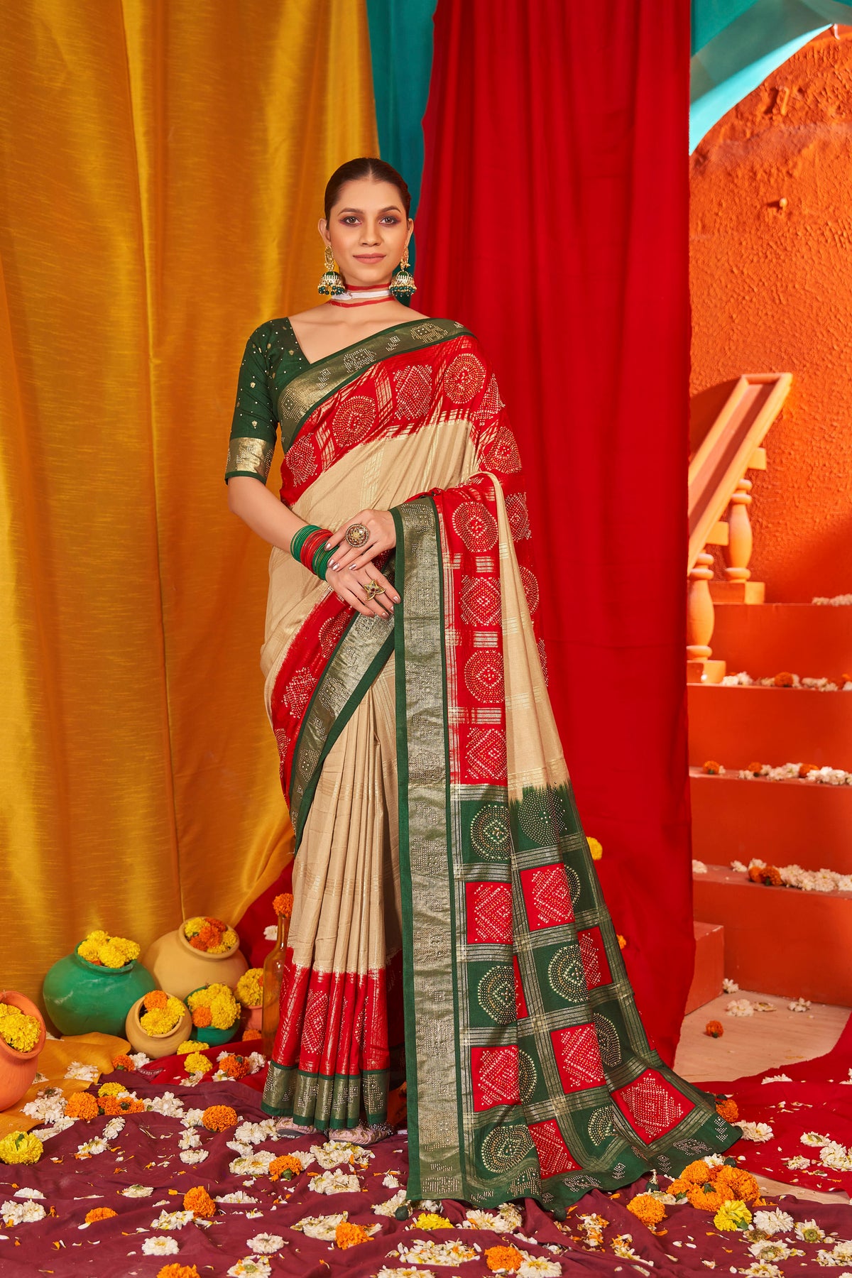 Beige Tussar Silk Swarovski Saree: Elegance & Glamour for Special Occasions