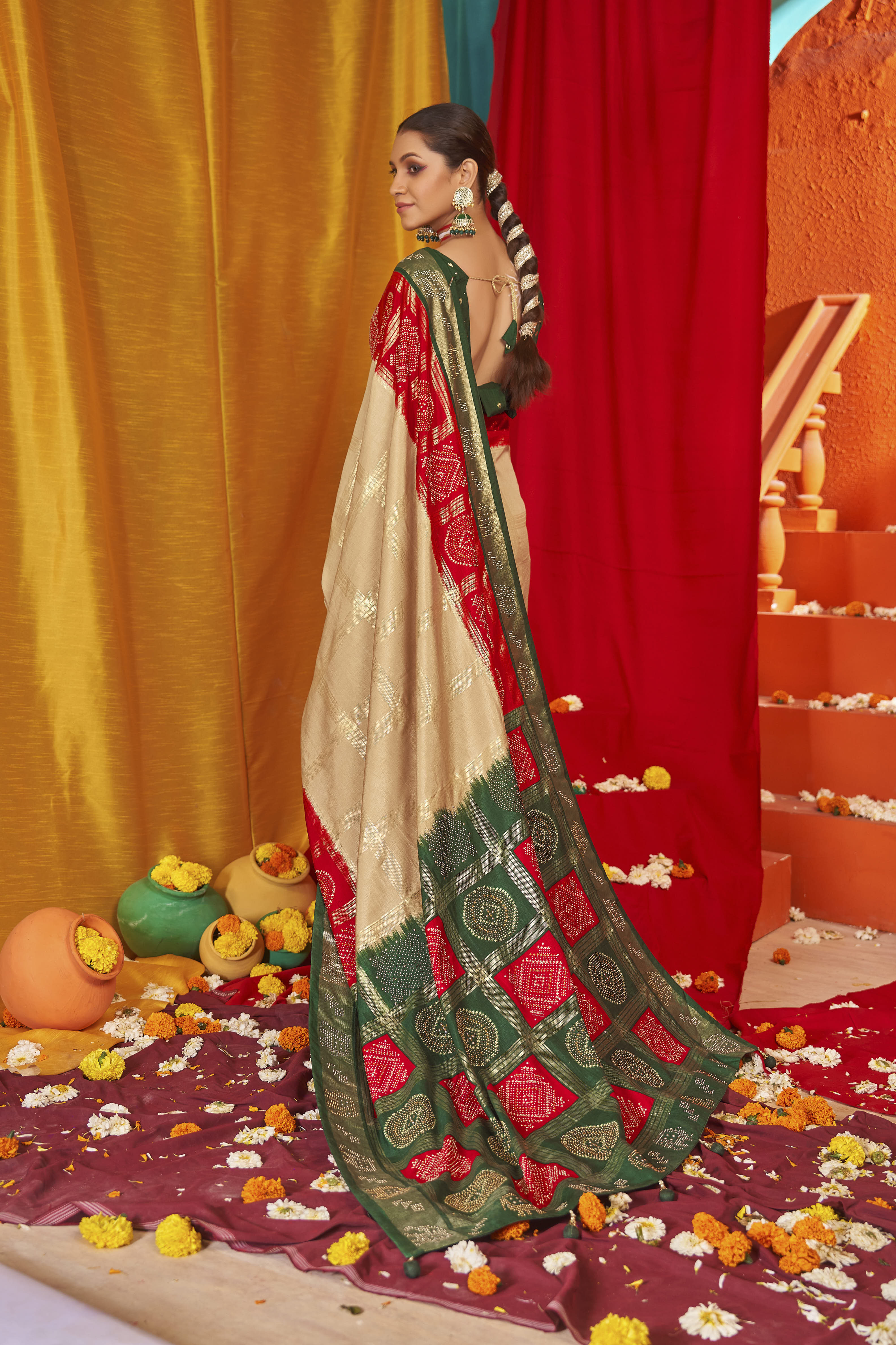 Beige Tussar Silk Swarovski Saree: Elegance & Glamour for Special Occasions