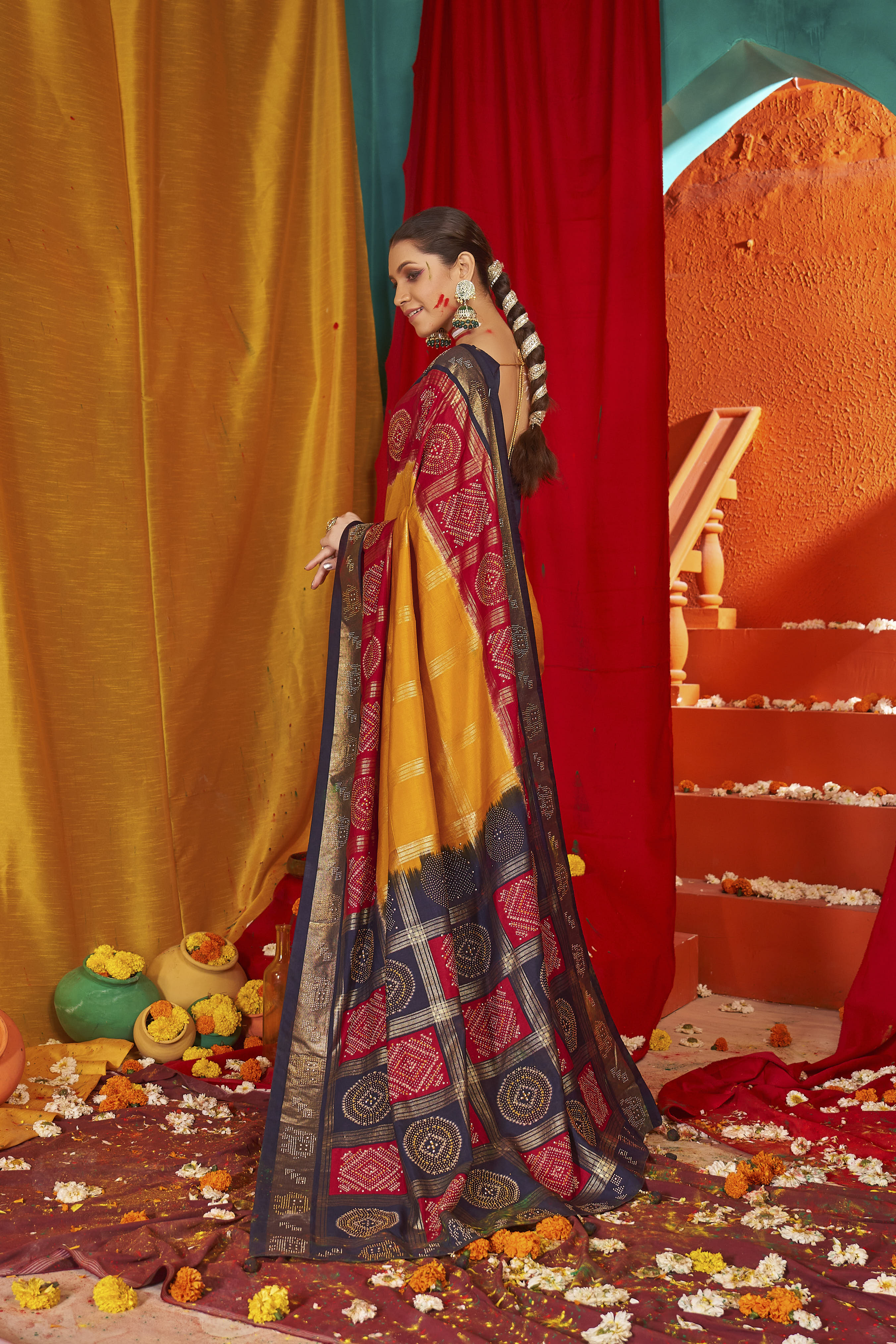 Golden Tussar Silk Swarovski Saree: Elegance & Glamour for Special Occasions