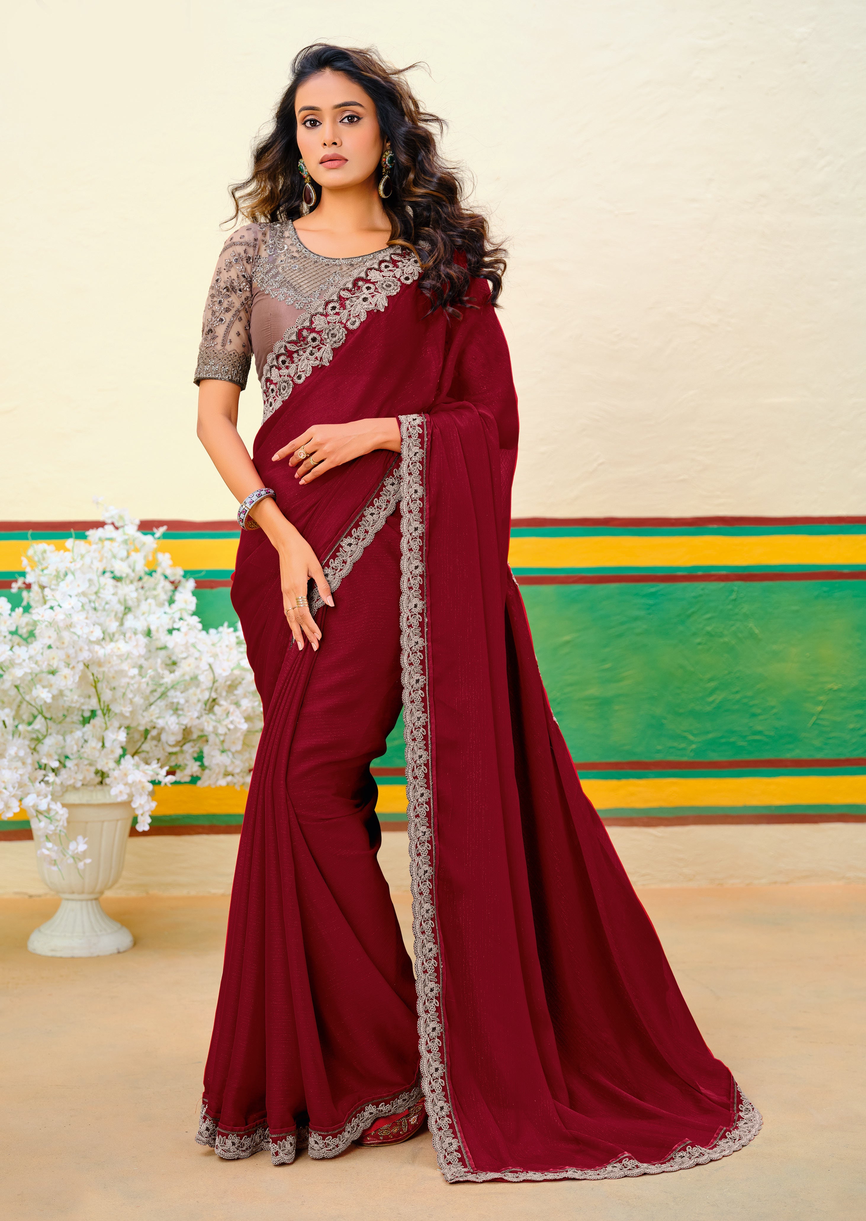 Maroon Georgette Zari Embroidery Saree-4274