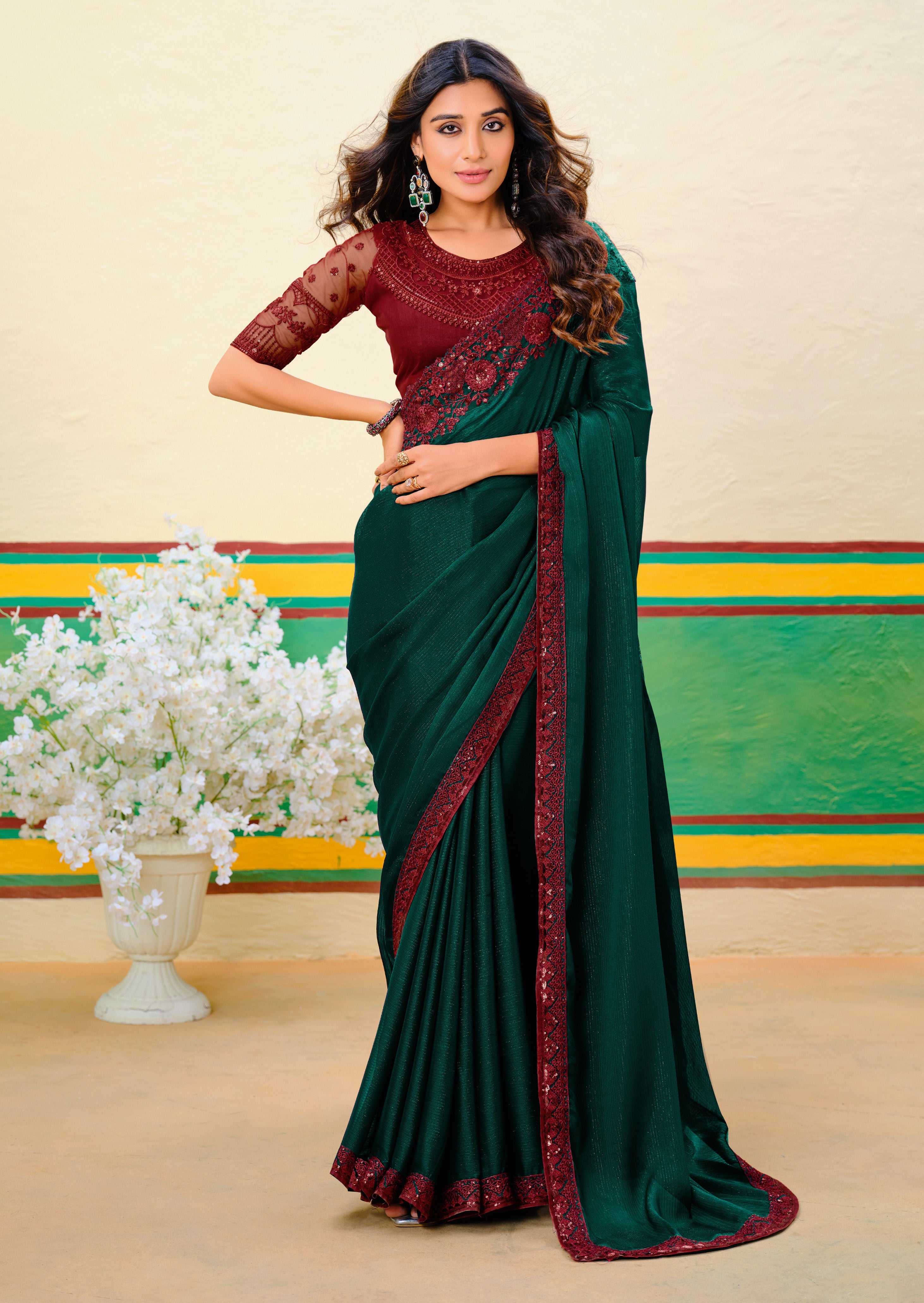 Dark Green Georgette Zari Embroidery Saree-4275